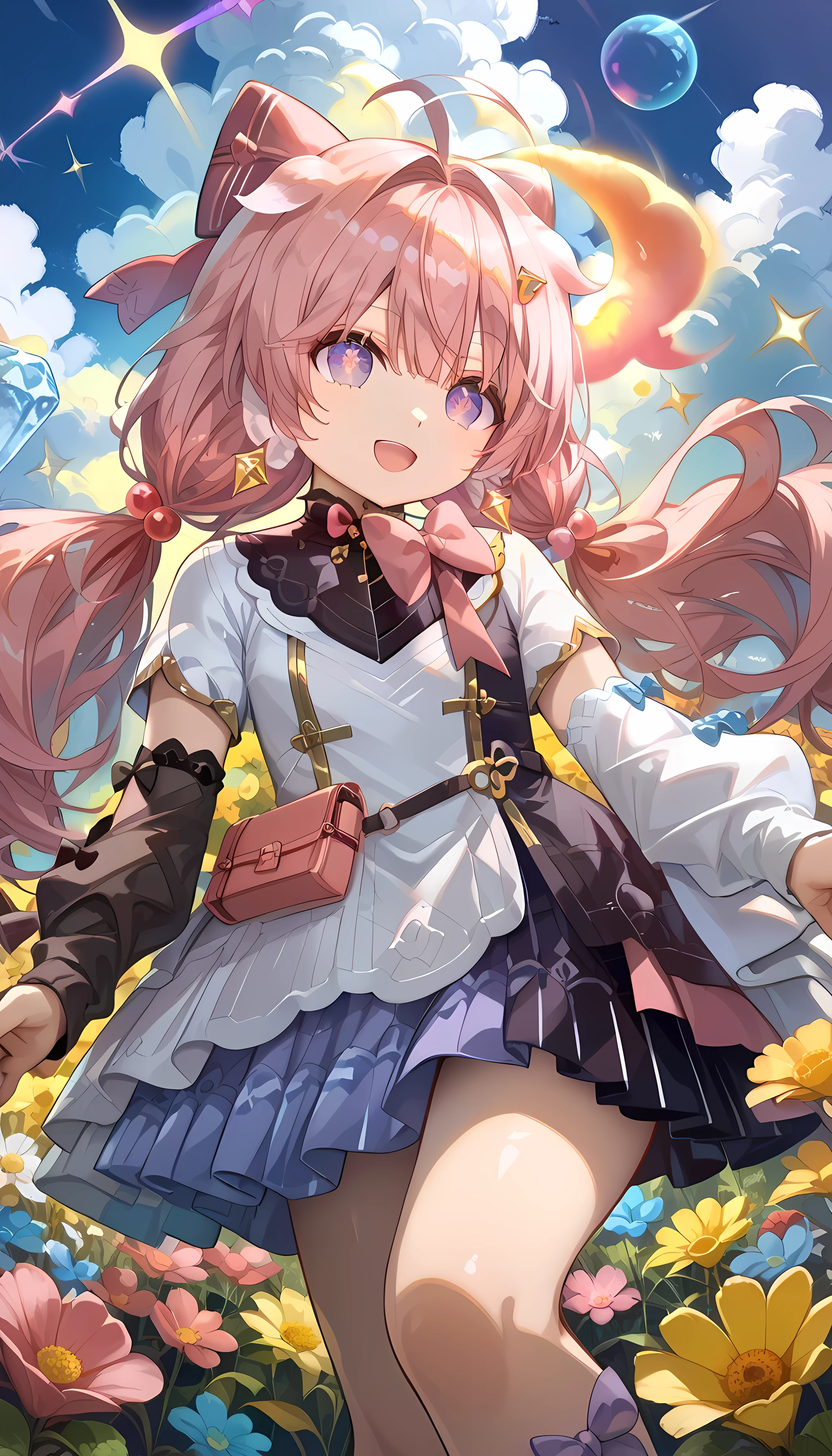 score_9,score_8_ up the side,score_7_ up the side,encore_(wathering _Wave), 1 girl,purple _Eye , pink_hair,alone,smile,open_mouth,length_hair,stupid hair, accurately _in_viewer,low_ twin tails,bowtie,hair_intakes, Virtual _ youtuber ,hairclip,, up the sideper_body,Departed_ sleeve, pink_bow,Sparkle, symbol-shaped_P UP THE SIDEILS ,Star_\( symbol\), Shiny Eyes , 美しいEye , enchantment, erotic, shiny skin thighs, sexy, , 詳細な美しい顔とEye , dynamic lighting, viewers,whole body, View from below, mount the cloud and ride the mist, There are many gorgeous colorful hues at the top of the planting, ice crystal, multicolored flowers,