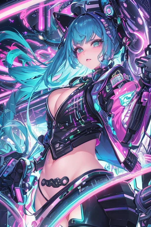 Gothic and technological aspect with futuristic city on neon background、斬新でスタイリッシュなカラフルな髪の毛、A neon suit gal with huge breasts、Shiny huge fishnet stockings、rabbit ears