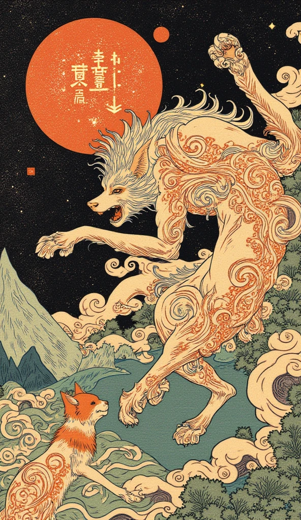 an ukiyo-e depiction of a god dog fighting against a god cat. both animals have japanese motif of curly cloud swirling on their body.