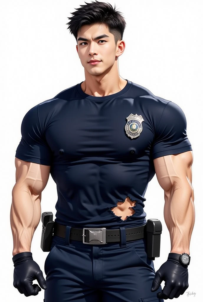 (handsome Man),(crew cut short hair:1.8),black eye,(Wear a fitted round neck t-shirt in navy with a police badge.:1.5),(fit neck),Navy blue jeans,(black_gloves:1.2), Korean guy,chest muscles,large arm muscles,blood vessel,Big muscles,Broad shoulders, (open mouth:1.2),(face up:1.2),(open eyes:1.5), middle of the road,smile,(backpack:1.3), In front of the bread shop ,(Cotton Mask:1.3