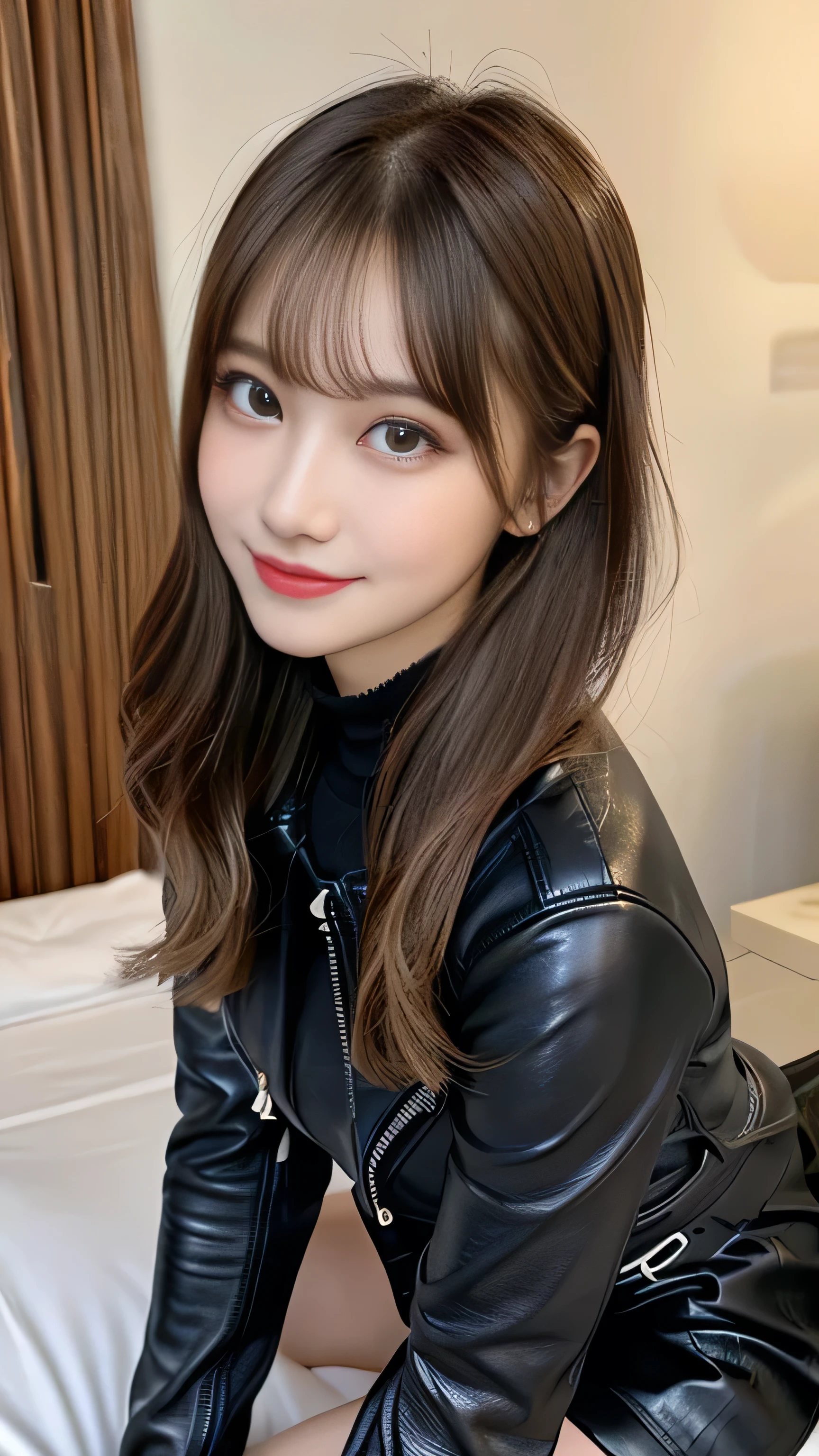 front view:1.5, large breast:1.4, full body photo,((focus on crotch)), genuine leather inner tube top, she is in a room,sitting on the bed, one girl, High resolution ,blonde hair, Light Hair Color, sexy, Beautiful eyelashes ,High resolution ,Zoom out ,20-year-old ,Highest quality ,Very detailed ,Finer details ,High resolution ,8k wallpaper ,Beautiful eyes in every detail ,Natural lip color ,very beautiful:1.5, Full body,front view:1.5,gazing camera, (riders leather thick Jacket,knee high boots, very high gloss,brown leather pleated mini thick skirt, Little Devil Smile), curvy thighs:1.5, (a beauty girl, delicate girl:1.3), break, very fine eyes, (symmetrical eyes:1.3), break,brown eyes, parted bangs,best smile, break, (eyes and faces with detailed:1.3), break, (masterpiece, best quality, ultra detailed, detailed face, 8k)