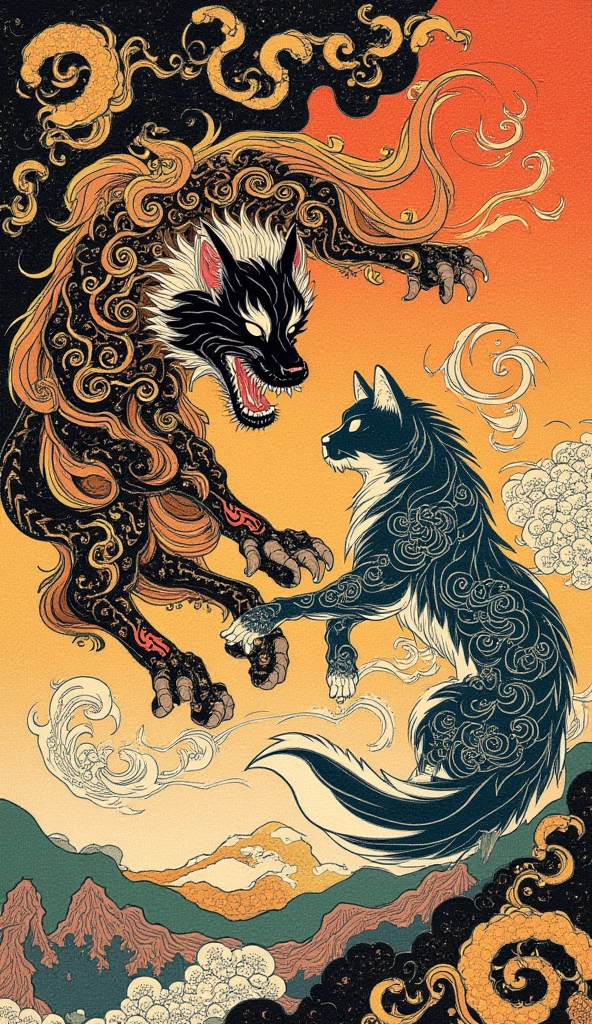 an ukiyo-e depiction of a god dog fighting against a god cat. both animals have japanese motif of curly cloud swirling on their body.