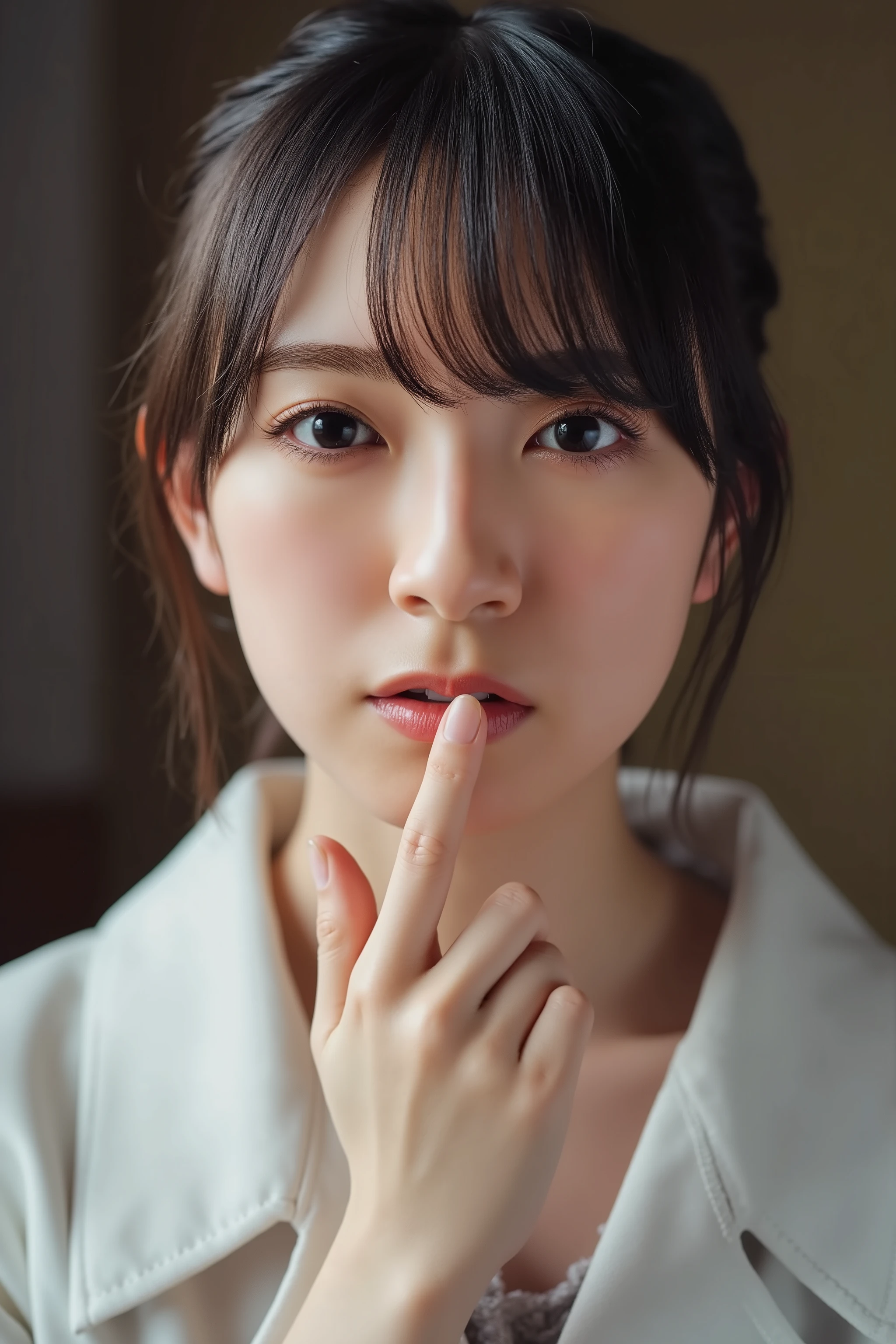 A high resolution photograph of a Japanese young woman in dress, photo-realistic, Intricate details, 8k, solo, 1girl, (index finger inserts deep into own nostril:1.4), pale skin, fine-textured skin, detailed face, perfect hand, detailed hand, detailed fingers, indoors,