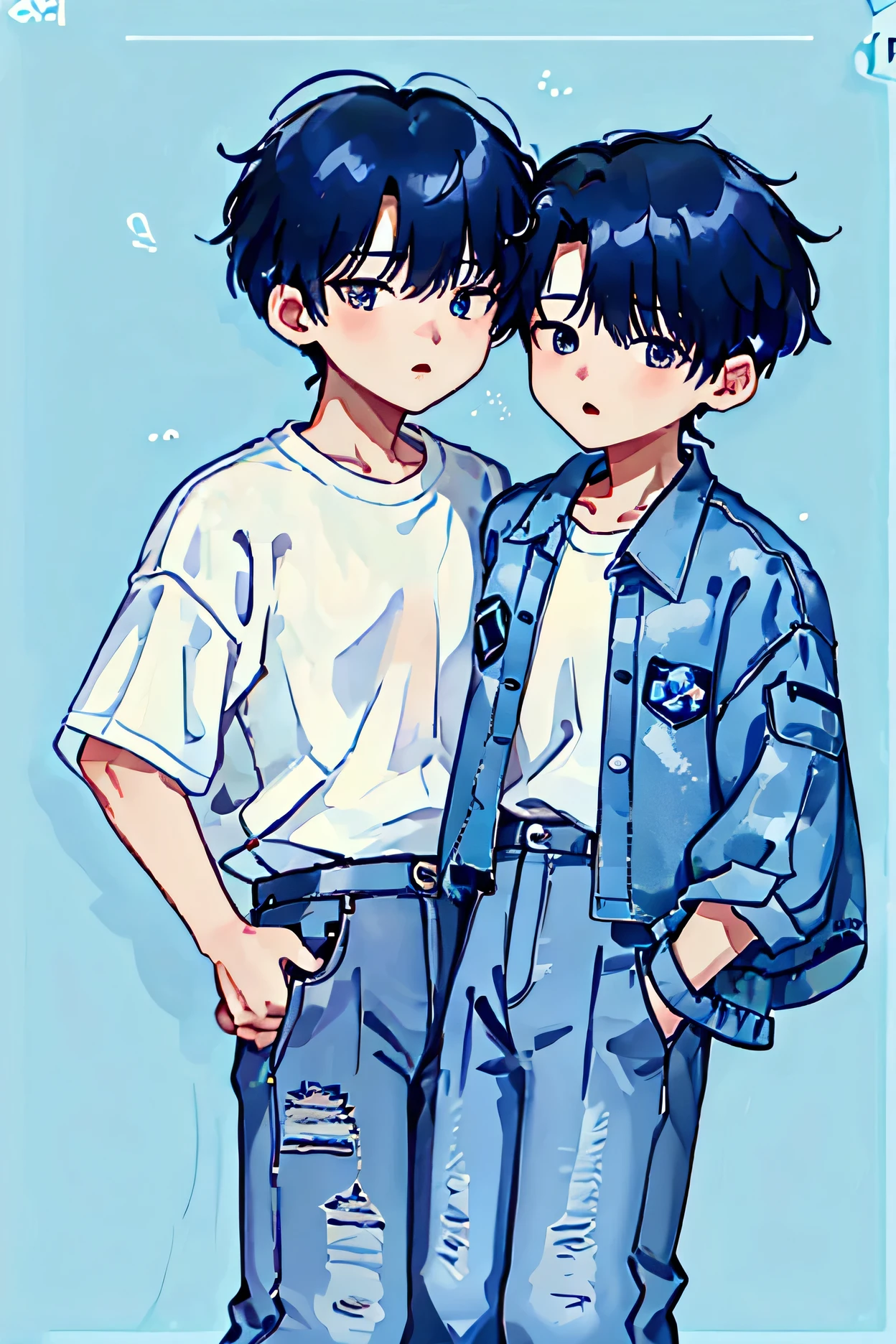 Chibi couple mingyu wear blue jeans jacket and wonwoo wear white tshirt