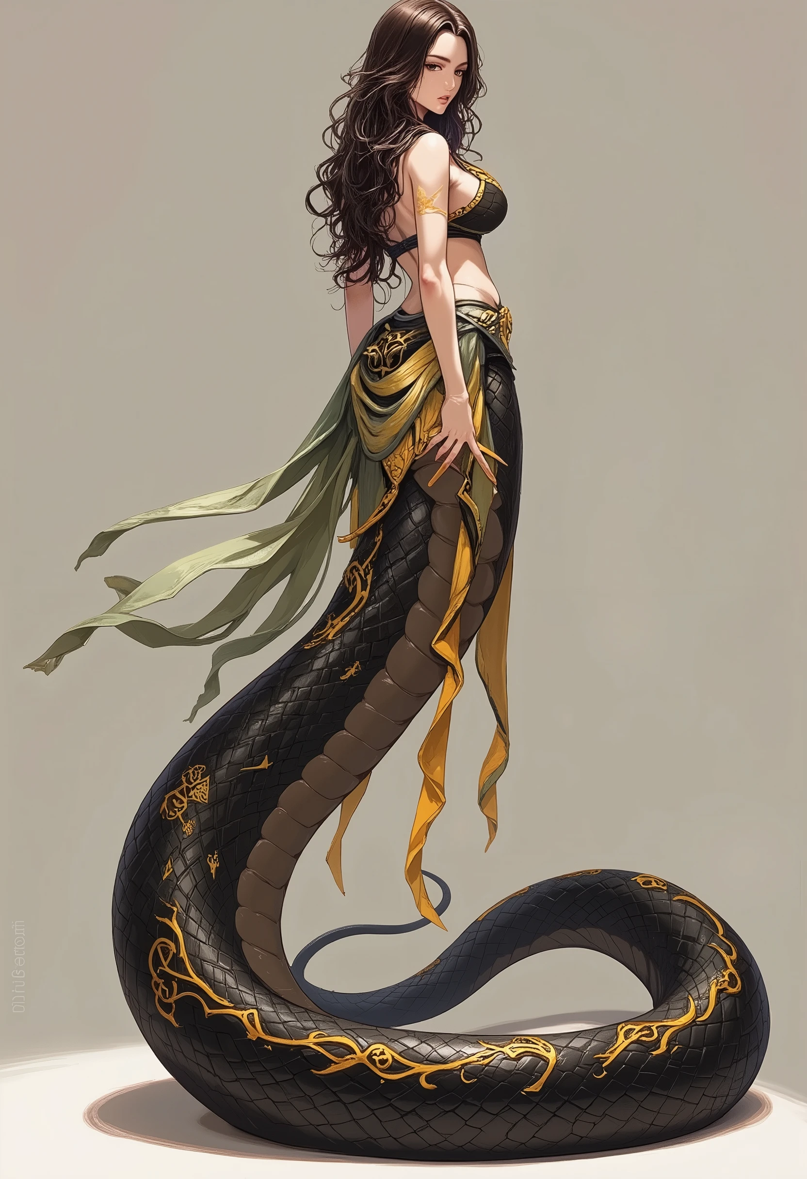 Snake Woman.a female character with a serpent-like lower body.Her upper body is human, but her lower body is serpent-like.
