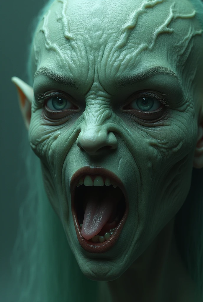 macabre style Grimacing grotesque goblin maiden, adorned with tangled grease-laden hair, her visage morphing like molten wax, numerous blemishes dot her countenance while elongated ears protrude, large warts with hair in them, encircled by sinister ferrofluid tendrils. Close-up of head, she gazes upward and sidelong, evoking awe (1.2) yet tainted by surprise (0.7). Light green skin beneath sombre rim lighting, style of Richard Corben, style of Glenn Fabry, . dark, gothic, grim, haunting, highly detailed,