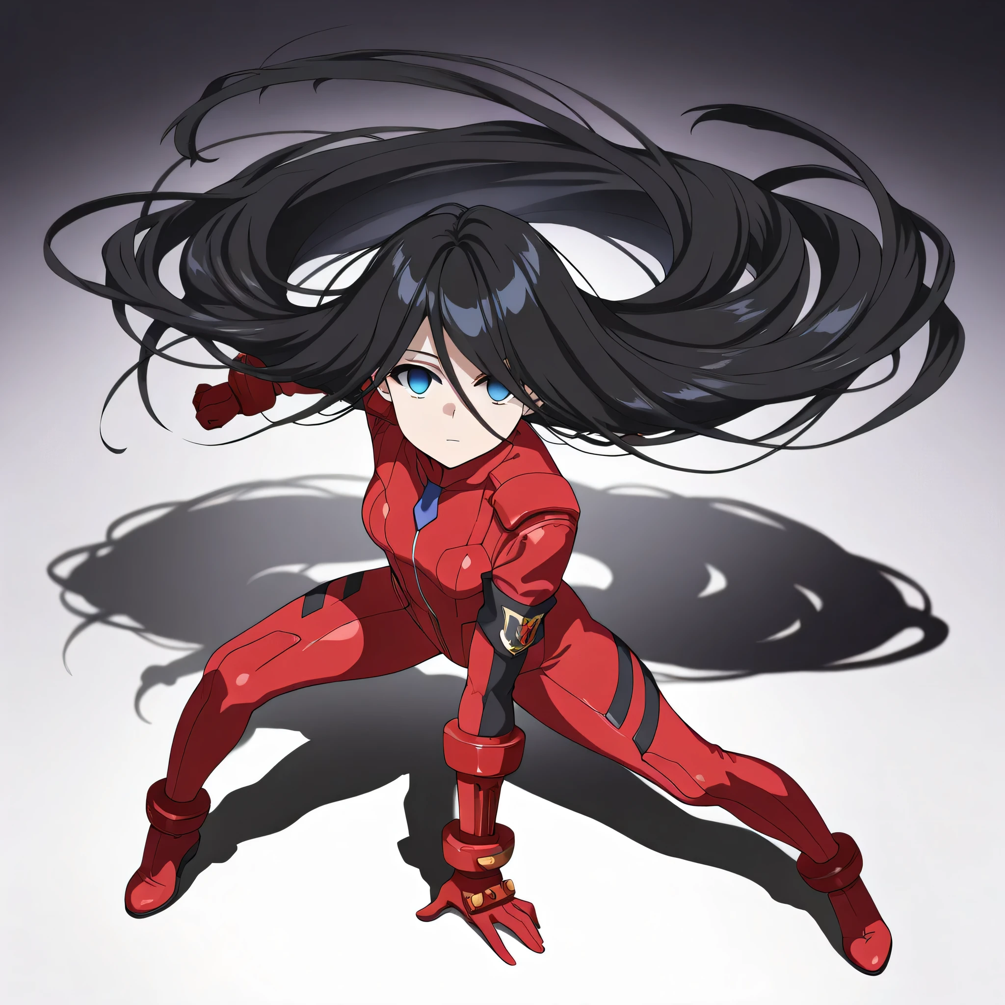 anime, (masterpiece), (best quality), (ultra-detailed), (best illustration), (best shadow), (absurdres), (detailed background), (very aesthetic), shiny, detailed beautiful eyes, outstanding, countershading, detailed soft lighting, an exquisite animation illustration, 1girl, solo, anheang, (((Dollsuit))), thighthigh, dark persona, empty eyes, expressionless, blank eyes, looking at viewer, red gloves, full body, emotionless, Fighting Stance, hair ornament, small breast, natsukohirose, black hair, long hair, very long hair, blue eyes, hair over face