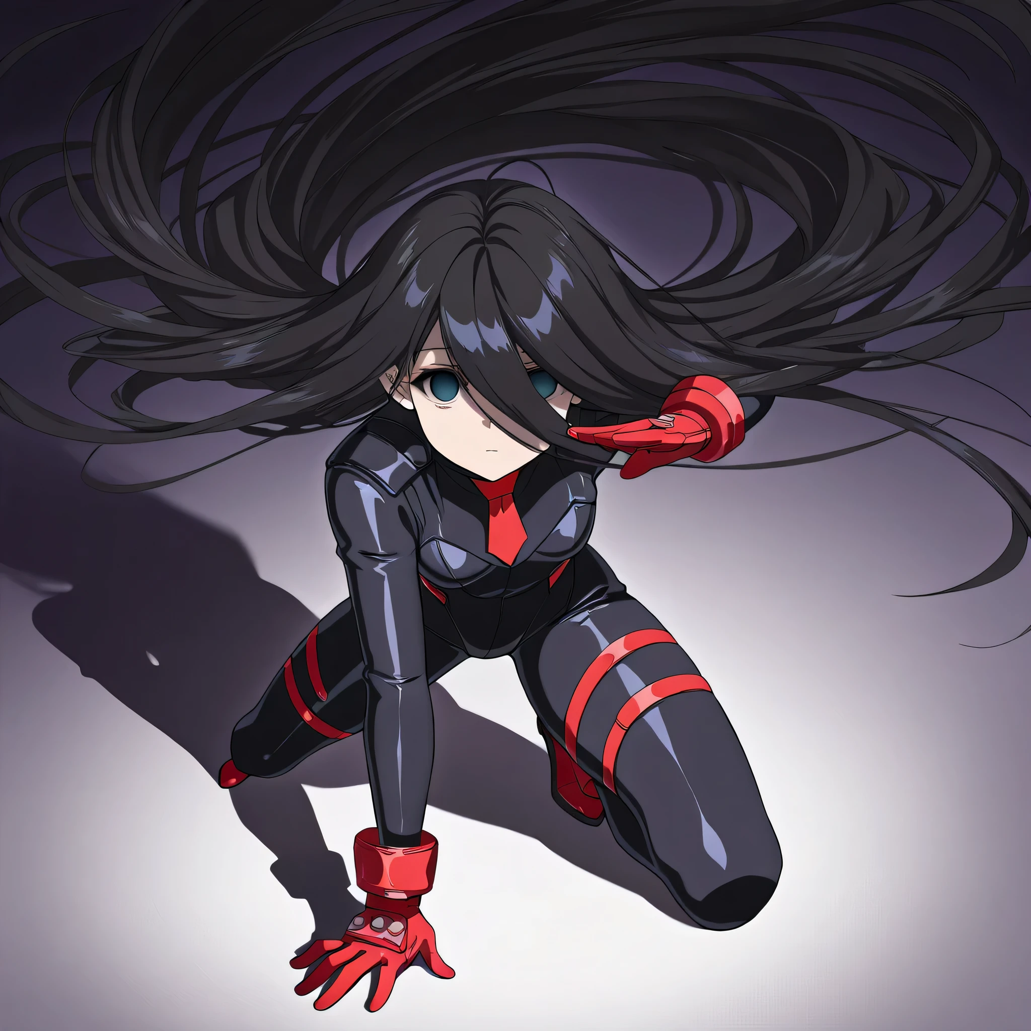 anime, (masterpiece), (best quality), (ultra-detailed), (best illustration), (best shadow), (absurdres), (detailed background), (very aesthetic), shiny, detailed beautiful eyes, outstanding, countershading, detailed soft lighting, an exquisite animation illustration, 1girl, solo, anheang, (((Dollsuit))), thighthigh, dark persona, empty eyes, expressionless, blank eyes, looking at viewer, red gloves, full body, emotionless, Fighting Stance, hair ornament, small breast, natsukohirose, black hair, long hair, very long hair, (hair over face)
