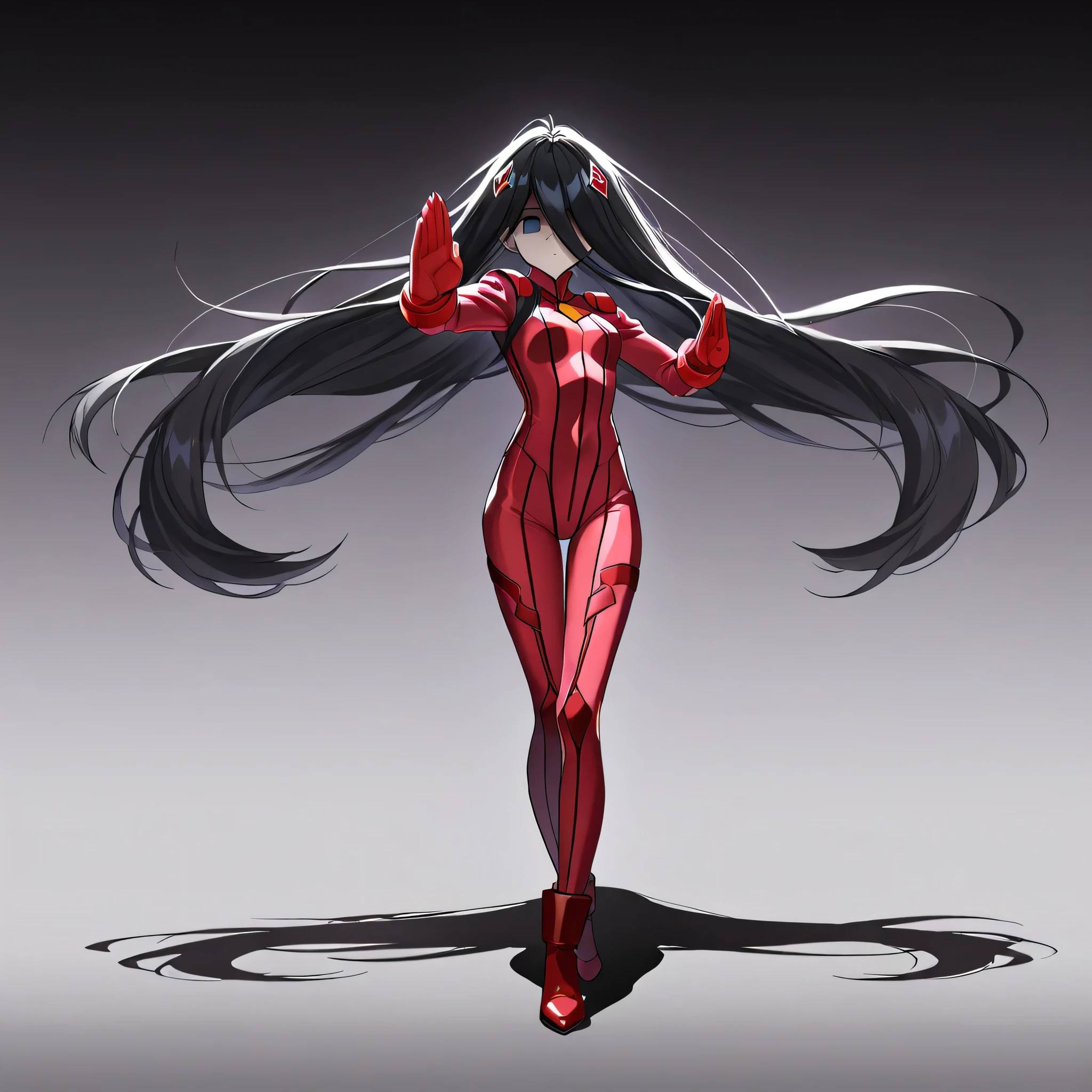 black haired woman, bunny ears, peace sign, red eyes, black clothing, white leggings, white gloves, black heels, anime style, thick outlines, masterpiece, hallway