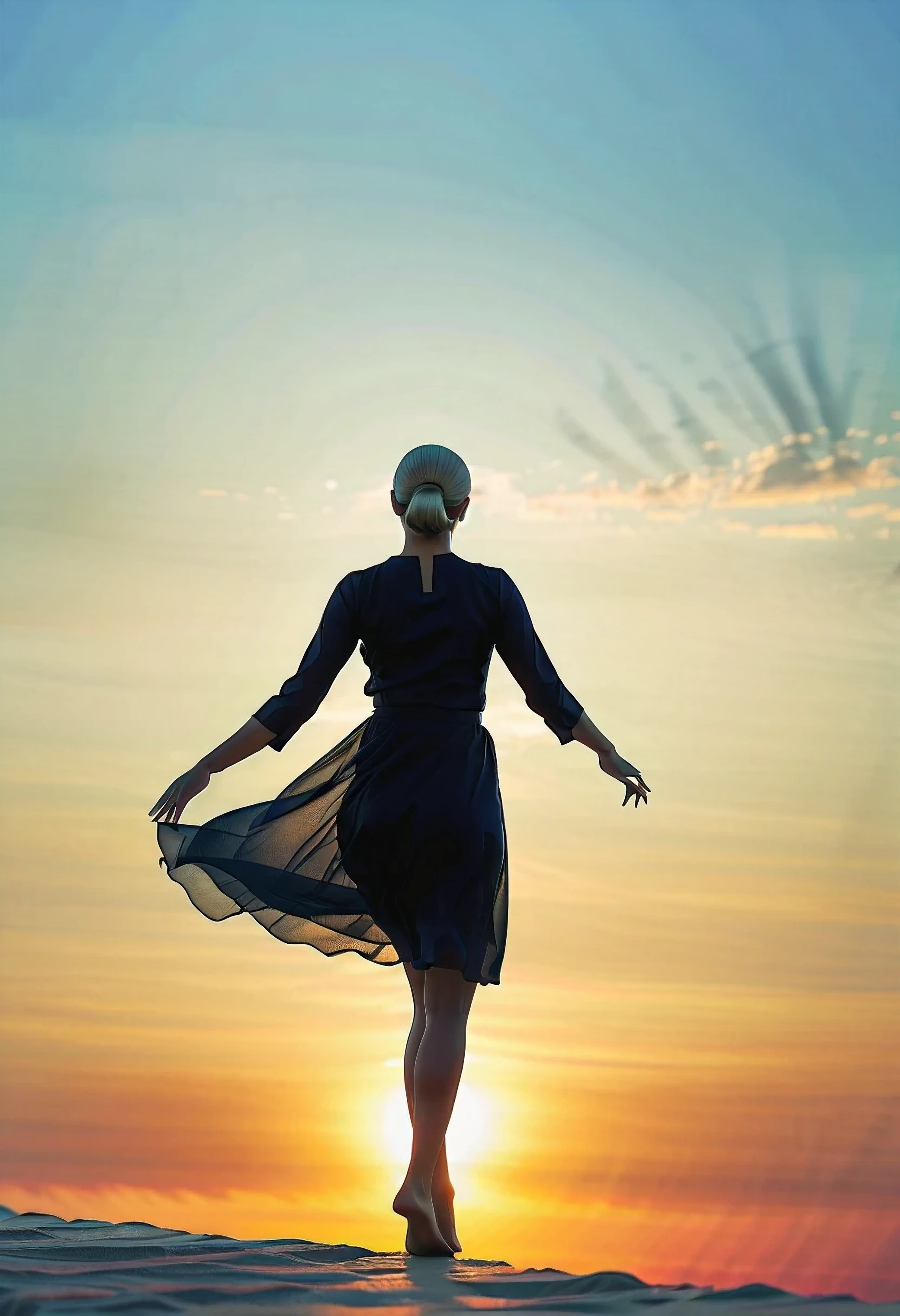 1woman 60 years old , One, front view. A dramatic silhouette of a coach against a sunset backdrop. The scene features a striking contrast between the dark silhouette and the vibrant sky, showcasing soft evening light. The composition emphasizes minimalism, symbolizing inner strength and experience. Focus on the lines and shapes created by the silhouette, creating an artistic portrayal of the coach's presence. --with 16:9 -- at 5.2.120 mm lens , masterpiece, (( better quality)), (( masterpiece)), ( very detailed :1.3), 3d, beautiful , glowing particles , 32K. Technical parameters : 1. **camera:** directed from behind the wall /mirrorless - : 50mm f/1. 8 coach scene for optimal depth of field 2 . **lighting:** - Key Light : warm, направленный из-за walls. - Back Light : - Natural light brightening "digital" walls. 3. ** Shooting Mode :** - Aperture : f/2. another — discreet . - Shutter Speed : 1/ 125 for Sharpness . - ISO : reflecting hope . 4. ** post-processing:** Natural Light : cold LED light to illuminate . - Adding digital textures to the wall . mirrorless
- Lens . - Emotional accent : 1. ** Hero's face :** - Slight Smile , wires but not tense . - Look : is different — lowered , to the light . 2. **body pose :** - A slight tension in the back is a symbol of struggle. - Hands : One Step Ahead , 400 for the balance of light , Human connection