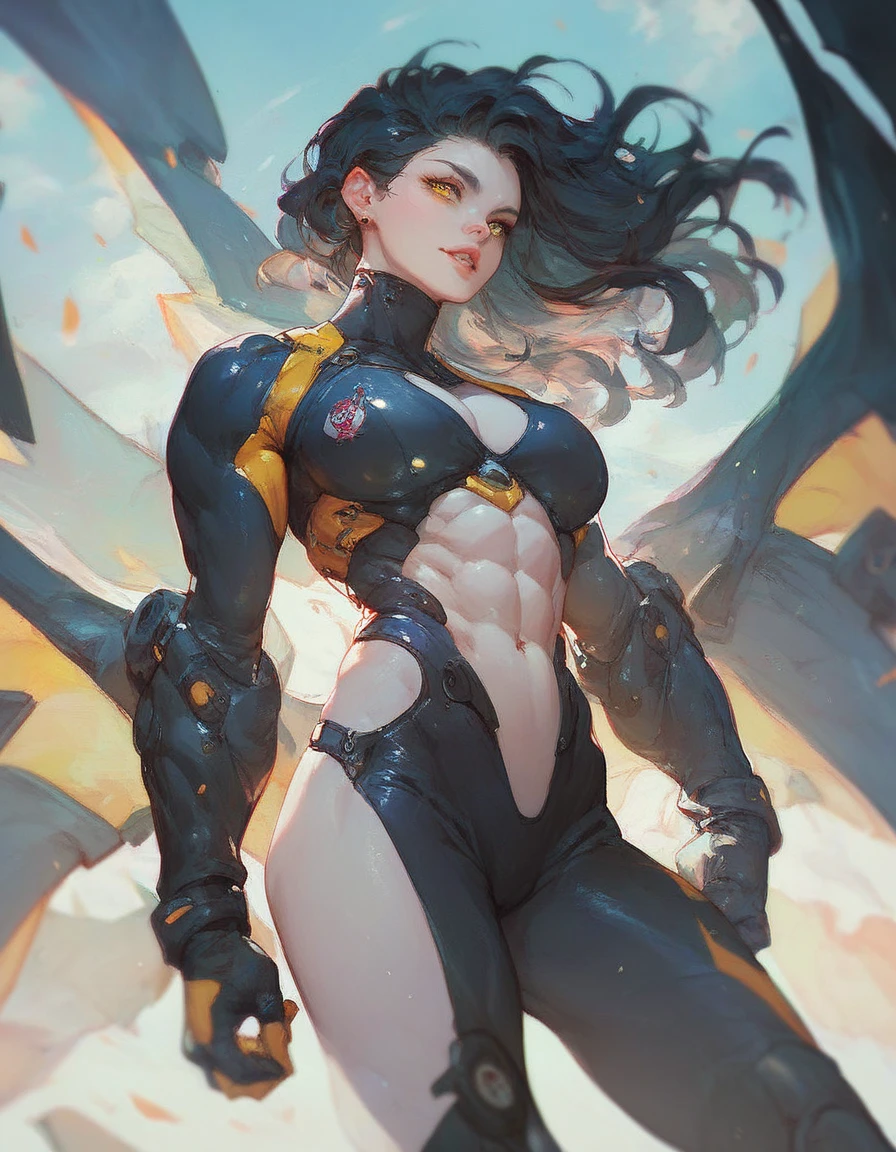 ((Best quality)), ((masterpiece)), (detailed: 1.4), (Absurd), Furious princess ready for war, Margot Robbie (((action pose))), glowing skin, perfect body, defined muscles, bare half-thick thighs, closed mouth, only in panties, (((include stars throughout the outfit))), muscular body covered in yellow orange star tech outfit, Neon Genesis Evangelion style and masamune shirow girls, cyberpunk, generous neckline,  ((perfect medium breasts)), (well-outlined eyes without pupils), (((long, very black eyelashes)), (((dark yellow clothing))), (dark blue misaligned hair misaligned equal to major motoko kusanagi, Ghost in the Shell), ((((rot rod flames covering breasts)))), (Cosmic tattoo on arms), short underwear, garter belt, by mucha, niji --V5, close to real, psychopathic, crazy face,  Sexy pose, 2 piece clothing, pastel, centered, scale to fit dimensions, HDR (High Dynamic Range),Ray Tracing,NVIDIA RTX,Super-Resolution,Unreal 5,Subsurface Dispersion, PBR Texture, Post-processing, Anisotropic filtering, Depth of field, Maximum clarity and sharpness, Multilayer textures, Albedo and specular maps, Surface shading, Accurate simulation of light-material interaction, Perfect proportions, Octane Render, Two-tone lighting,  Wide aperture, Low ISO, White balance, Rule of thirds, 8K RAW, crysisnanosuit