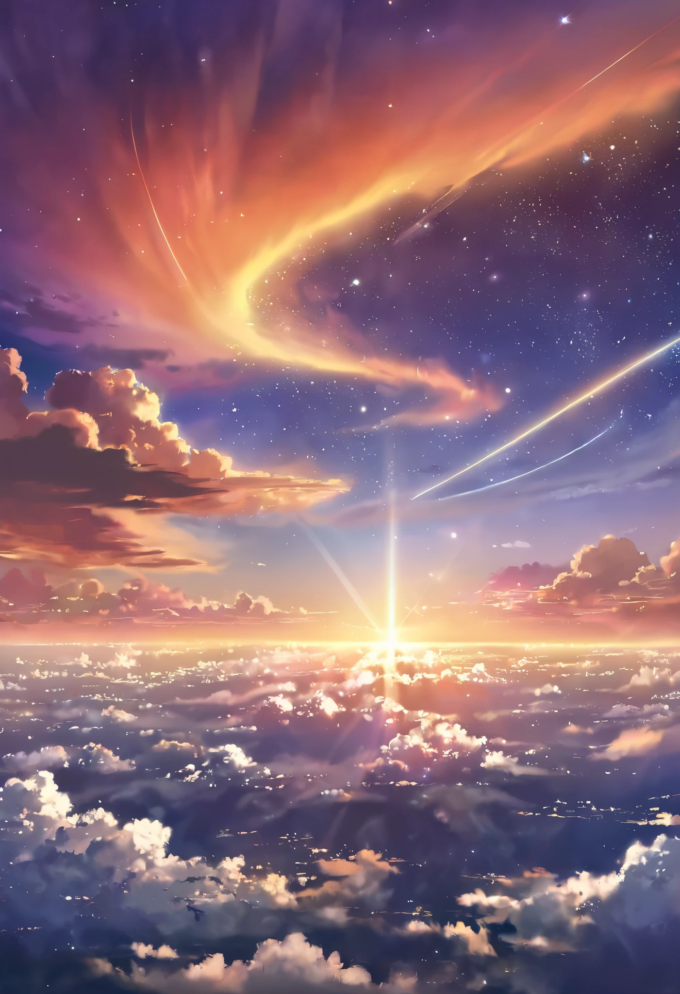 "A breathtaking 4K ultra-HD anime-style sky inspired by Kimi no Na wa, featuring a vivid sunset with a blend of deep oranges, purples, and blues. Wispy clouds stretch across the sky, illuminated by the golden light of the setting sun. A bright comet with a glowing trail streaks across the sky, adding a sense of wonder. The scene captures a peaceful yet emotional atmosphere, with a soft, dreamy glow and a painterly touch. Stars slowly begin to twinkle as the twilight deepens, creating a mesmerizing celestial view. The perspective is slightly tilted upwards, emphasizing the vastness of the sky."