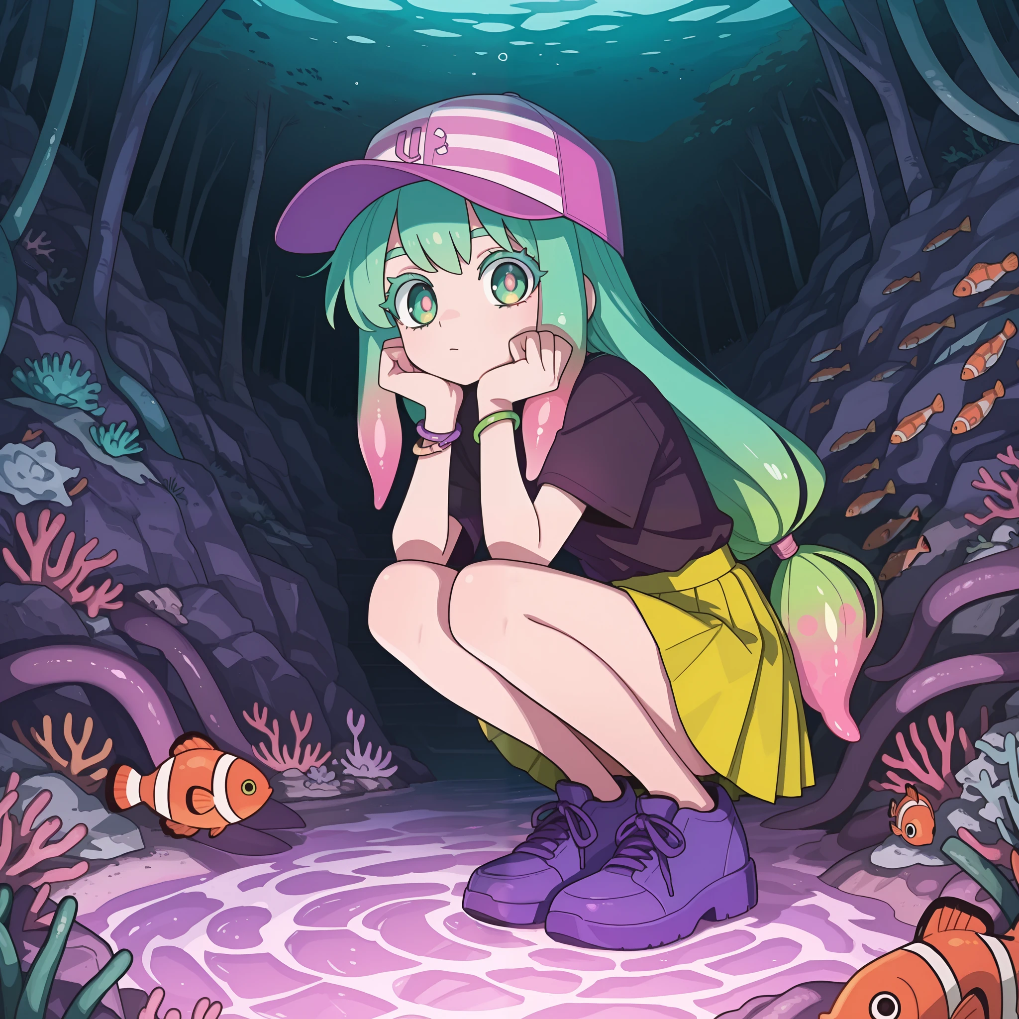 masterpiece, best quality, amazing quality, very aesthetic, high resolution, ultra-detailed, absurdres, newest, Anime screencap, highly detailed, high quality, hyper-Detailed, mistico_ILL. BREAK. 1girl, clownfish, tropical fish, squatting, fish, hat, skirt, pink hair, tentacle hair, multicolored hair, shirt, striped headwear, long hair, green hair, jewelry, colored eyelashes, bracelet, baseball cap, black shirt, miniskirt, purple pupils, short sleeves, striped clothes, shoes, gradient hair, blue footwear, full body, green skirt, low-tied long hair, closed mouth, yellow skirt, two-tone hair, pink pupils, multicolored headwear, solo, pleated skirt, purple footwear, looking at viewer, eyelashes, head rest, t-shirt, multicolored eyes, green eyes