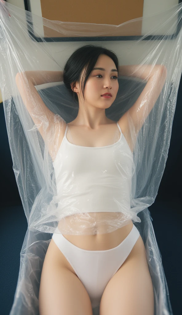 (best quality:1.2), masterpiece, Realistic, Ultra-high resolution,((a beautiful Japanese idol  woman:1.2)), (Gaunt:1.3), (((Very flat chest:1.4))), ((Baby Face)), focus on armpit, ((show me her armpit)), (sweaty armpit:1.3), ((Armpits are wet and shiny with sweat)), She has skin that sweats easily Soaking wet, Sweaty, I can see my pores, ((Embarrassed expression:1.4)), (I&#39;m teary-eyed), completely nude:1.2, topless, (rabbit ears, black rabbit ears, fake rabbit ears, pantyhose, black pantyhose, bowtie, wrist cuffs:1.3), black leotard, (torture chamber, prison:1.5) ,  (bdsm, bed ,bondage, bound:1.2), (raise up arms:1.3), ((The shape of the pubic area)). (bound arms, bound legs, bound wrists, breast bondage:1.2), (spread legs,frogtie,bound thighs:1.5), (lying, on back:1.5) ,cowboy shot