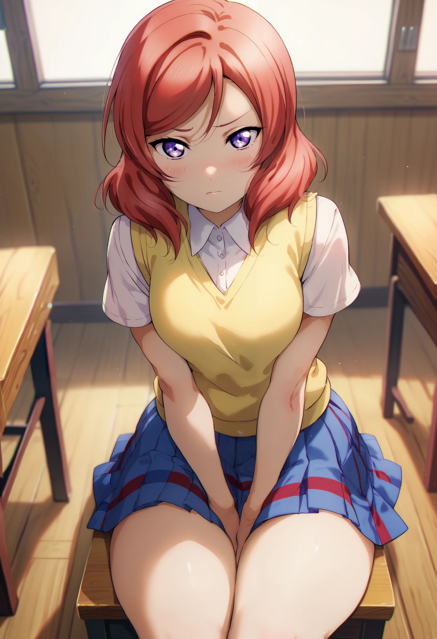 Maki nishikino,love live,highres,red hair , purple eyes ,blush ,looking at viewer ,otonokizaka ,white shirt,yellow sweater vest, sitting on wooden chair, hands between thighs,thick thighs ,blue pleated skirt