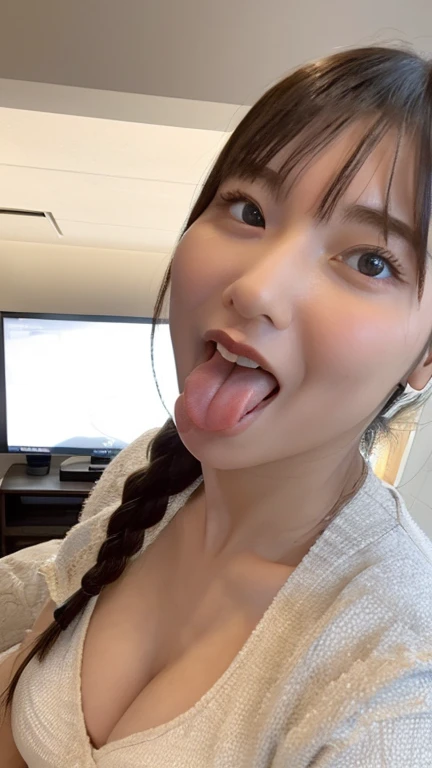 (highest quality, Realism, 8k, 32k, masterpiece, masterpiece:1.2, best quality:1.2, ultra-detailed:1.2, Ultra-high resolution:1.2, Hyper-detailed, Photorealistic photography, Very delicate and elaborate skin, gagged,High resolution 16k on human skin、Enough detail to discern pores, Adjust brightness for natural skin, Reproduce very delicate and realistic lips, Very delicate and realistic human eyes, Hires.fix)Flight Attendant, Inside a night plane seat, ((Super Face Close Up, looking at viewer, shoot from Above:1.5 ,Looking up:1.5)) Put both ears in front of your hair:1.3, Short-haired young lady takes a selfie - close-up of her face, (Angle to chest, Viewpoint angle, Front facing face) Pull up your clothes to show your body, A valley of breasts that seem to be spilling out, ((Flight attendant uniform and miniskirt、Popular Korean Makeup)) cute、sex appeal、Cunning、Ahegao、Cross-eyed、Female face、Paranoid symptoms、(Shortcuts, Tie your hair back in a bun, Colorful hairpins, Hair Rubber Bands,) eye contact、Erotic look、Lip gloss、22 years old 、Highly detailed eyes、Highly detailed mouth、Fascinating breasts、Nose blushes、cheeks blush、(Slightly droopy eyes、Beauty Bureau)、Highly detailed whitening skin、Beautiful eyeliner、double eyelid、Lustrous lips、Beautiful Sexy Face