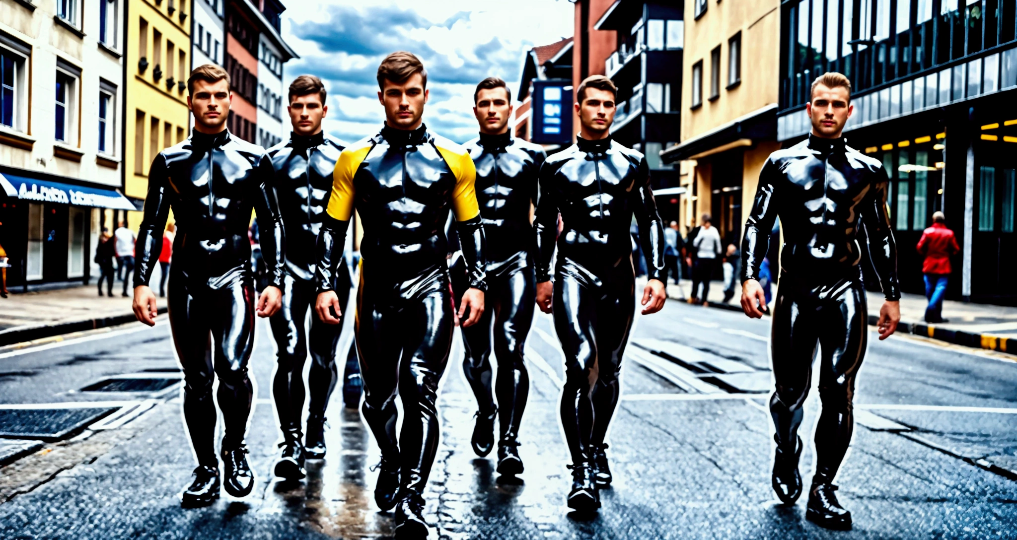 generate image of group of handsome men wearing tight latex catsuits walking down the street of a German city. realistic image 