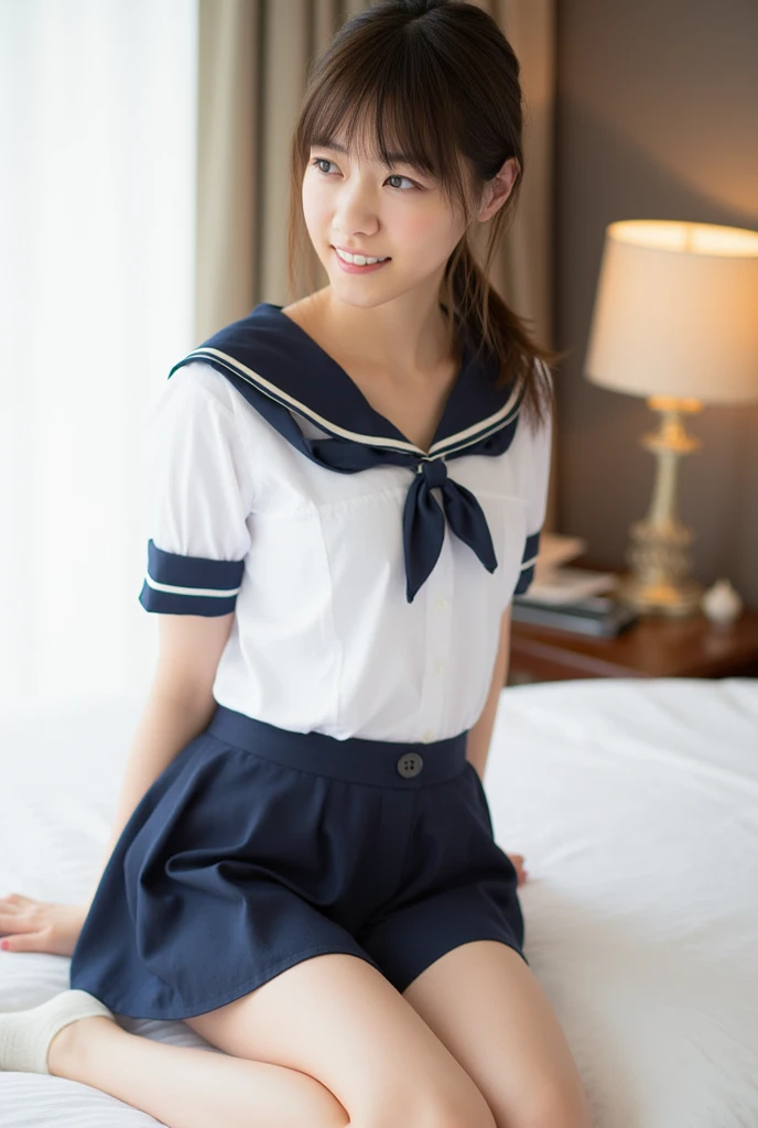 nsfw, vagina, bottomless、Sailor suit、Front facing、Undressing、白いパンティUndressing、bottomless、Short pigtails、Small breasts、Looking down、I can see her pussy、Leaning forward