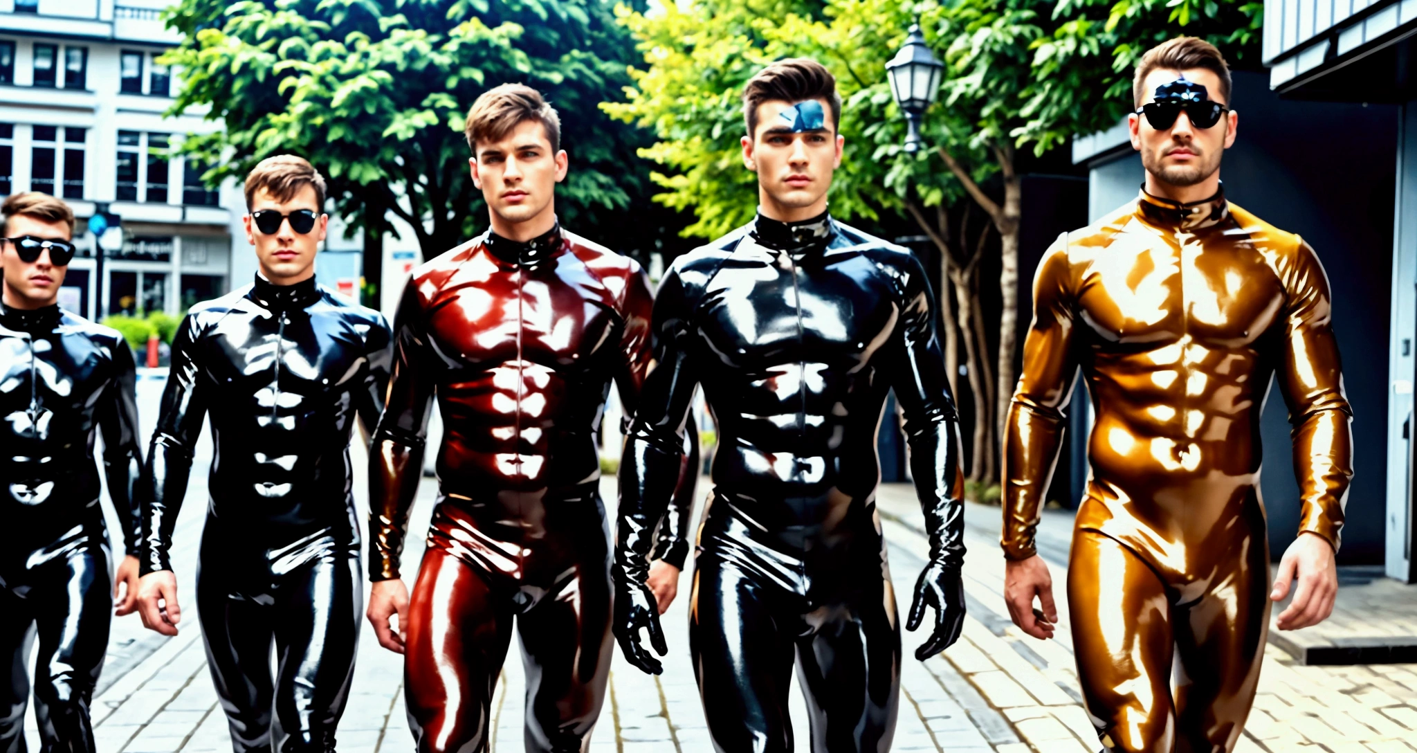 Generate a picture showing only boys. Dont show women or girls. The scene is : 12 years old chubby male gay boy with big ass and 14 years old gay boy wearing tight colored latex, riding horse in paradisiac garden of moroccan garden. Wet bodies. No girls or women in the scene just chubby male boys. Full body lenght shot. Best quality, 4k, beautiful boys, hyper realistic, ultra detailed faces