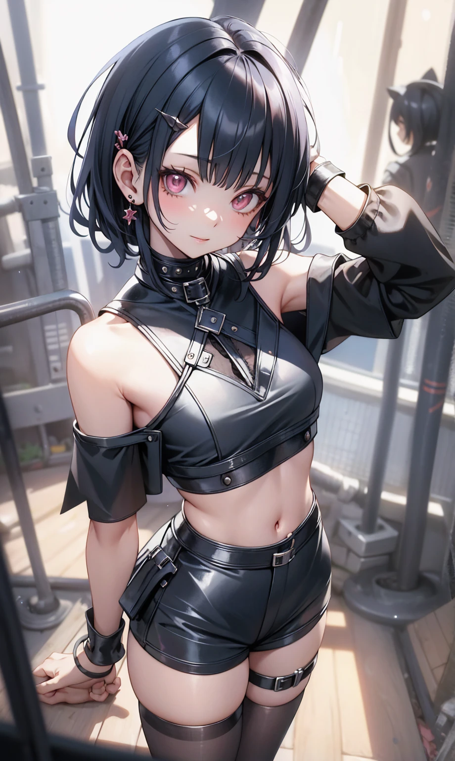 High resolution, woman , good lighting, despicable, , (No nudity), (((leather shorts))), ((tight leather top)), (((leather thigh high boots))), (garter belt), abdomen only, (wet shorts), (((Pee))), (Pee), urine stains, (puddle), , cute face, I'Iは恥ずかしくて赤面します, humiliating, ((spread your legs)), (())