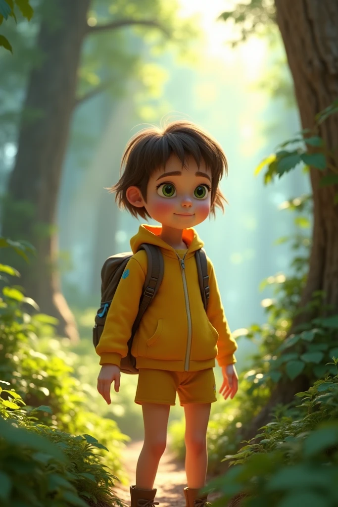 Once in a village, the curious boy (((Louis)))), (((wearing a yellow sweatshirt)))), ((((blue shorts))), (((brown shoes with blue socks))), exploring a magical forest