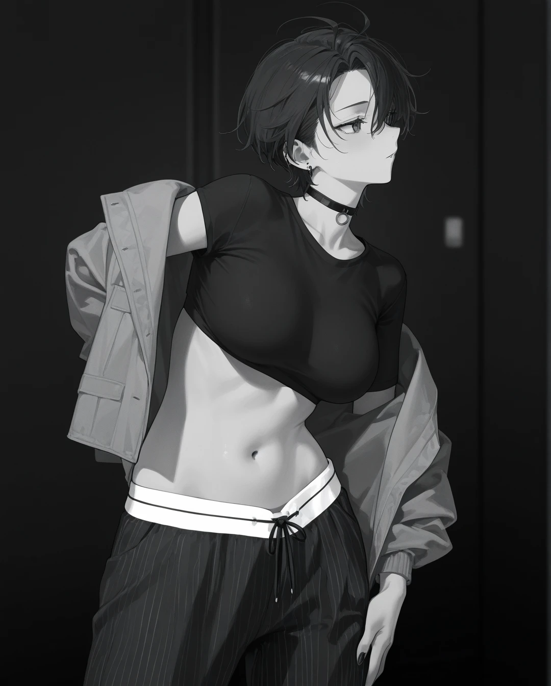 monochrome, girl, underwear, navel, thighs, disheveled clothing, embarrassed, medium, black underwear, side tie panties