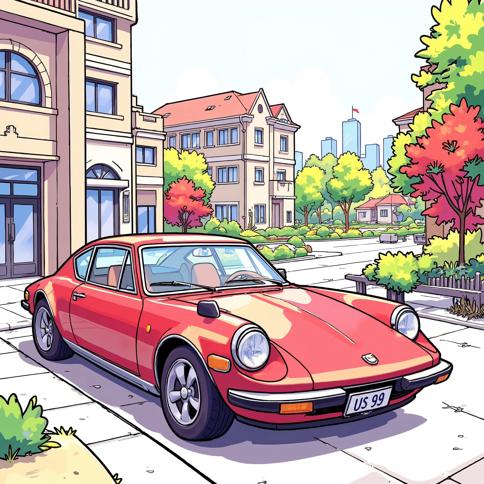 car、I can see the building in the back、There is color all over the picture 、Clear Colours 、A clear pattern、Thick Line、 hand-drawn illustration、Simple lines、A clear line、2D illustration、The background also has Clear Colours The 。 pattern is drawn with A clear line、 Touch like a coloring book where all colors have already been painted。An image of the color being painted without gaps in McKee。