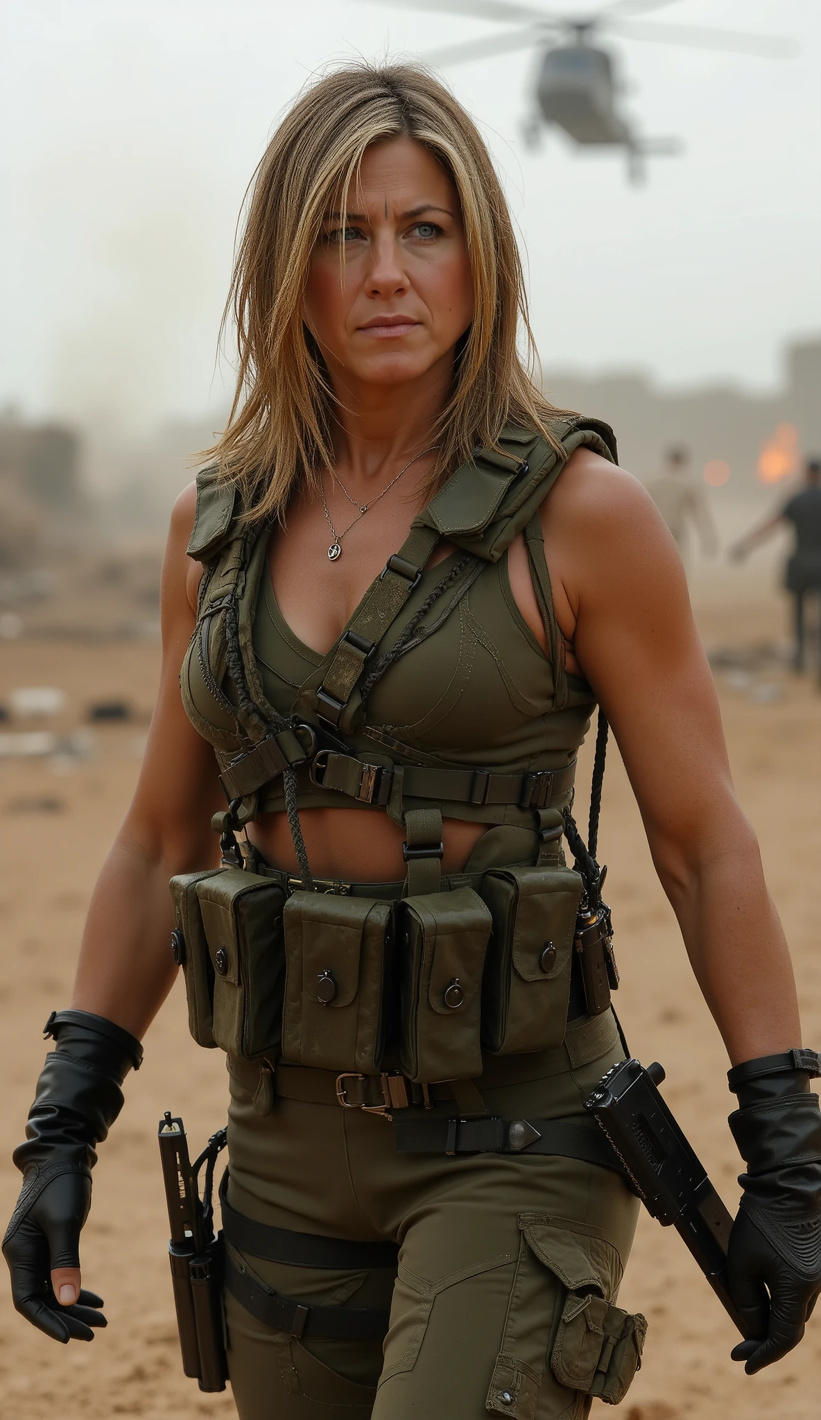 Gere uma imagem da personagem Mara, also known as 'Mara Death Dealer', do jogo Call of Duty: Guerra moderna. corpo inteiro, fisionomia cruel, Micro Bikini Uniforme de Batalha, cor vermelha e preta, Detalhes em ouro, na praia, sol poente, palmeiras, corpo escultural, flowing hair, metralhadoras, Armas, Fuzil AK-47, Granadas, gold accessories)) Standing in a tank