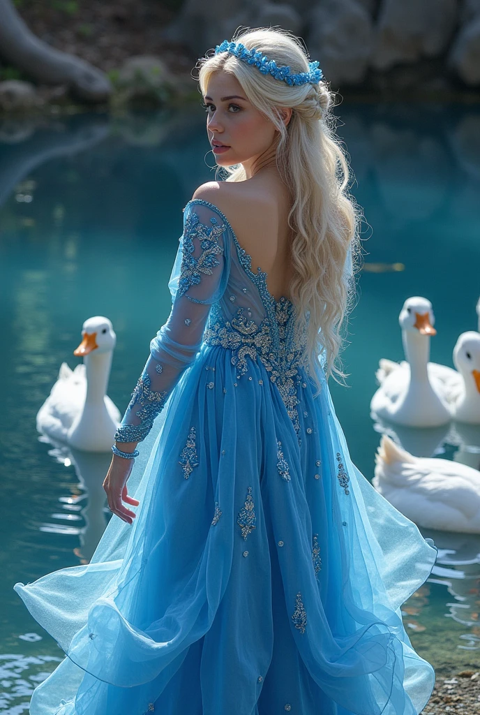(wet hair 0.9) Cinderella eagerly put on the beautiful silver ballgown, slipped on the delicate, long, white gloves and the shimmering silver stilettos, and placed the sparkling tiara atop her immaculate updo. She also adorned herself with the beautiful jewelry. Once she was fully dressed, Cinderella took a deep breath and dove into the lake with abandon. She splashed around in the water, feeling it spray against her skin and soak into her gown. Now completely drenched, her gown stained and ruined, Cinderella lay back in the water, a happy smile on her face.