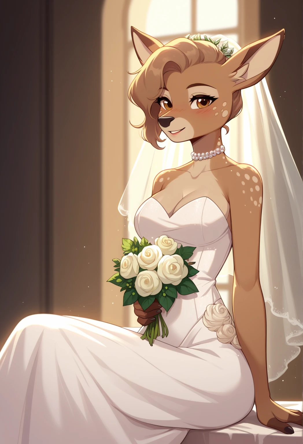 masterpiece, best quality, 8k, (Sexy deer boy), (long white hair), furry art, Anthro, male, (perfect blue eyes), (perfect detailed lips), (detailed eyes), hair blowing in the wind, deer tail, bangs, femboy:1.1, fursona art, cross dressing, (white face veil), lace veil, weddig veil, wedding tiara, ((wedding dress)), pink lipstick, flat male chest, nose ring, gold rring, deer legs with hooves, full body shot, high heels, garters, white lacy stockings, perfect legs, wide hips, embarrassed smile, bluhing, shy, curved thighs, wearing transparent wedding outfit, panties and white lacy bra, high stockings, holding bouquet of flowers, looking over shoulder, smile embarrassed, flower garden background, tail must be shown