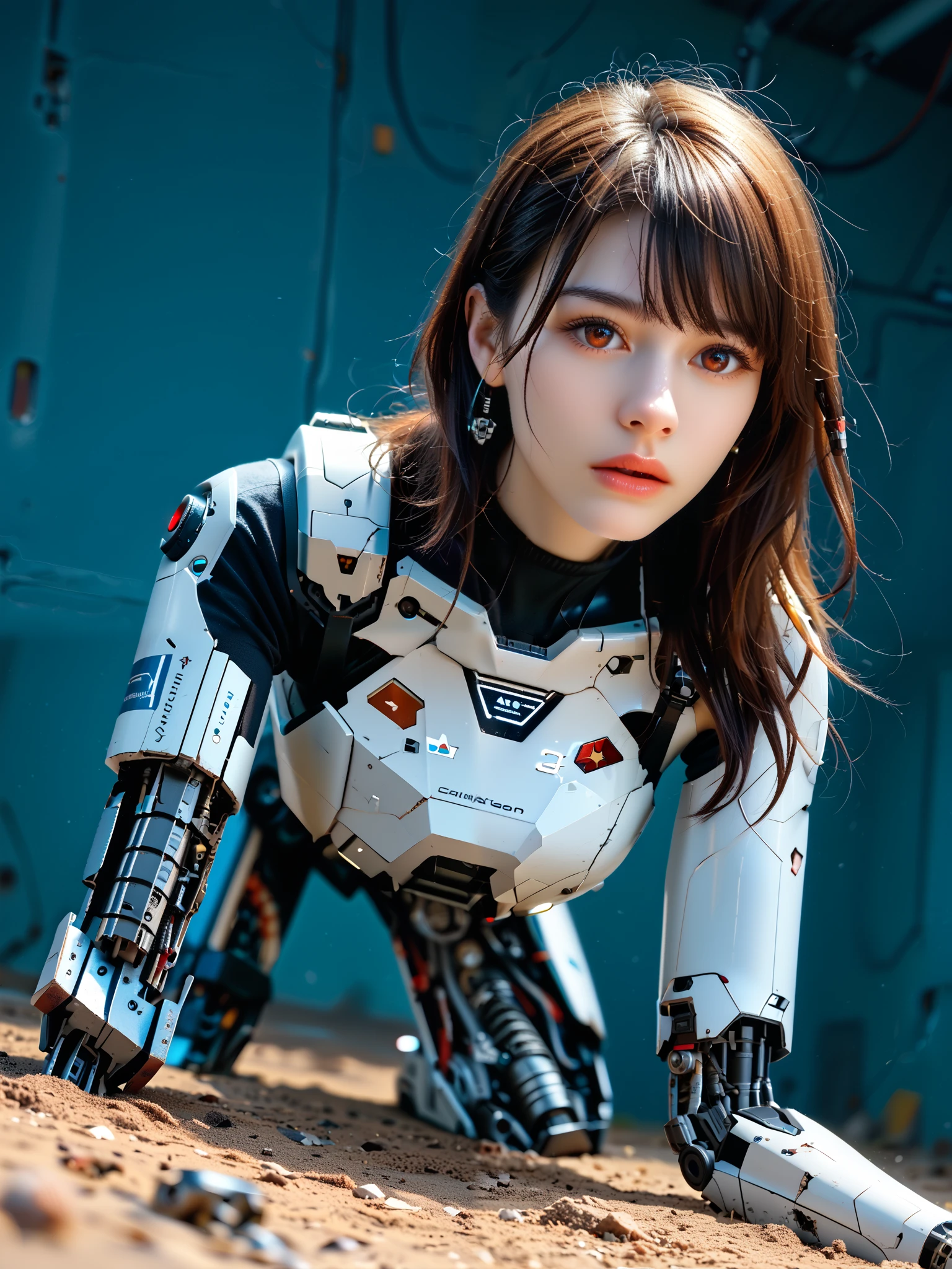 (((masterpiece))), (realism, realism texture, (science fiction, distant future), (top Quality, High Quality, top resolution, high resolution, (ultra detailed, high detailed))), (beautiful robot woman , woman is incredible machine:1.2), (beautiful face), (thin lips, wide mouth), red-lighting eyes, (robot white armor:1.3), machine frame, skirt, (steel knee-high greaves, (mechanical hands)), robot joint, (robot neck joint:1.2), (electronic component, damaged machine parts, big winged jet engine wing, broken neck), (broken leg:1.6), (robot torso), (Mechanical Gun Holster:1.3), Expressionless face, (cowboy shot:1.5), abandoned battefield, (closed mouth), (crawl on all fours:1.3), dutch angle shot