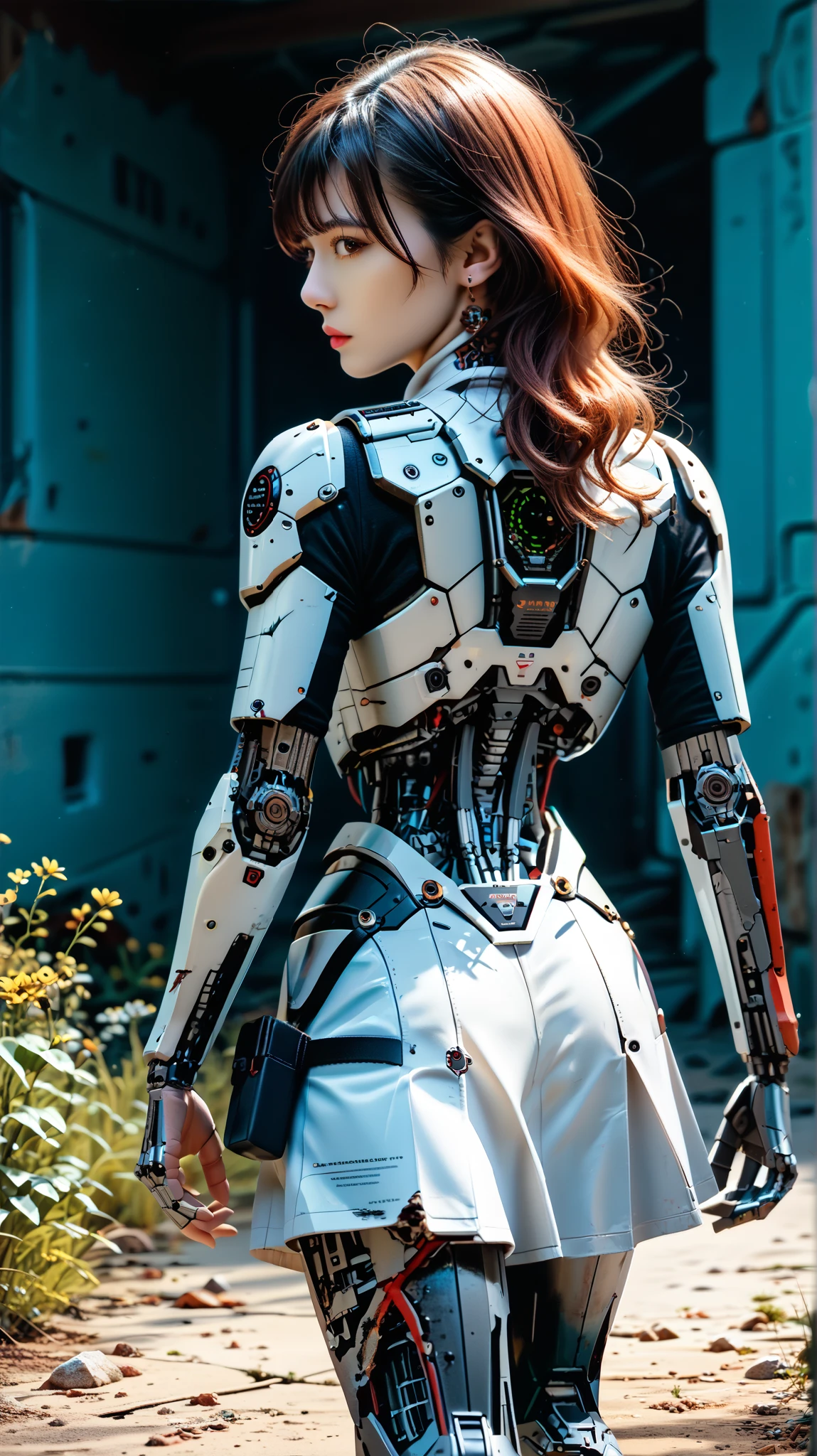 (((masterpiece))), (realism, realism texture, (science fiction, distant future), (top Quality, High Quality, top resolution, high resolution, (ultra detailed, high detailed))), (beautiful robot woman , woman is incredible machine:1.2), (beautiful face), (thin lips, wide mouth), red-lighting eyes, (robot white armor:1.3), machine frame, skirt, (steel knee-high greaves, (mechanical hands)), robot joint, (robot neck joint:1.2), (electronic component, damaged machine parts, broken neck, broken leg:1.3), (robot torso), (Mechanical Gun Holster:1.3), Expressionless face, (cowboy shot:1.5), abandoned battefield, (closed mouth), (from behind, looking at viewer, walking:1.3)