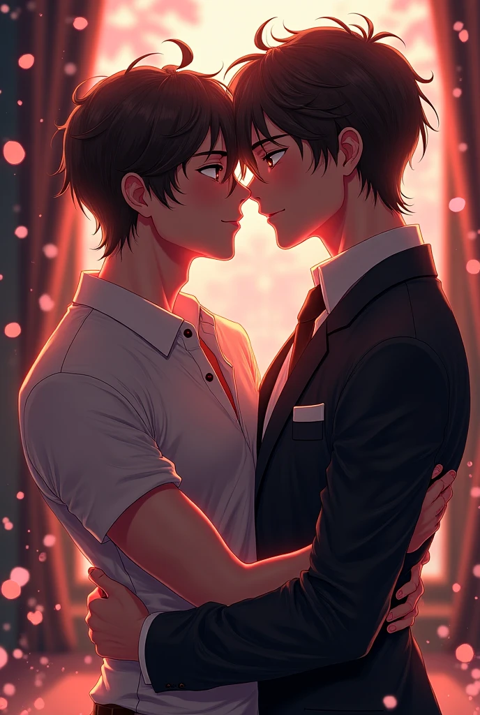 Two boys about to kiss, one brown-haired with green eyes and brown hair, this one smaller than the other, black-haired with black eyes