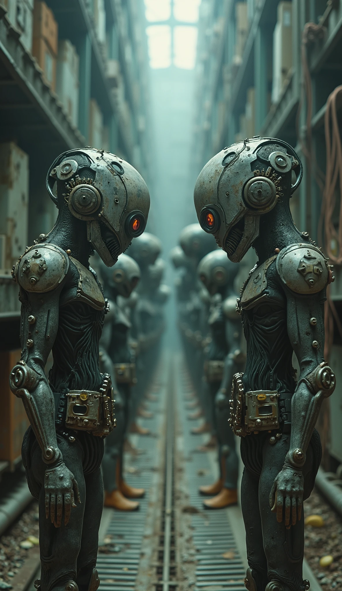 In Peter Gric's and HR Giger's style, in infinite spatial depths, industrial, a group of creatures with gears in their heads, who look like Mark Zuckerberg in the face, working on metals and gears, warehouse, hall, pastel colors, surreal horror atmosphere, dreamcore, RAW photo, film grain, drone shot, stupid smile, confused, eye reflection, god rays, completley all in ultra best photorealistic, completley all in ultra best rendering, Wide angle.Hyperrealism, masterpiece, anatomically correct , best quality , Zoom aut. outside the frame , focal length 135 mm, atmospheric perspective , full body character sheet, F2 aperture,8, Aperture F16 , Wide angle,