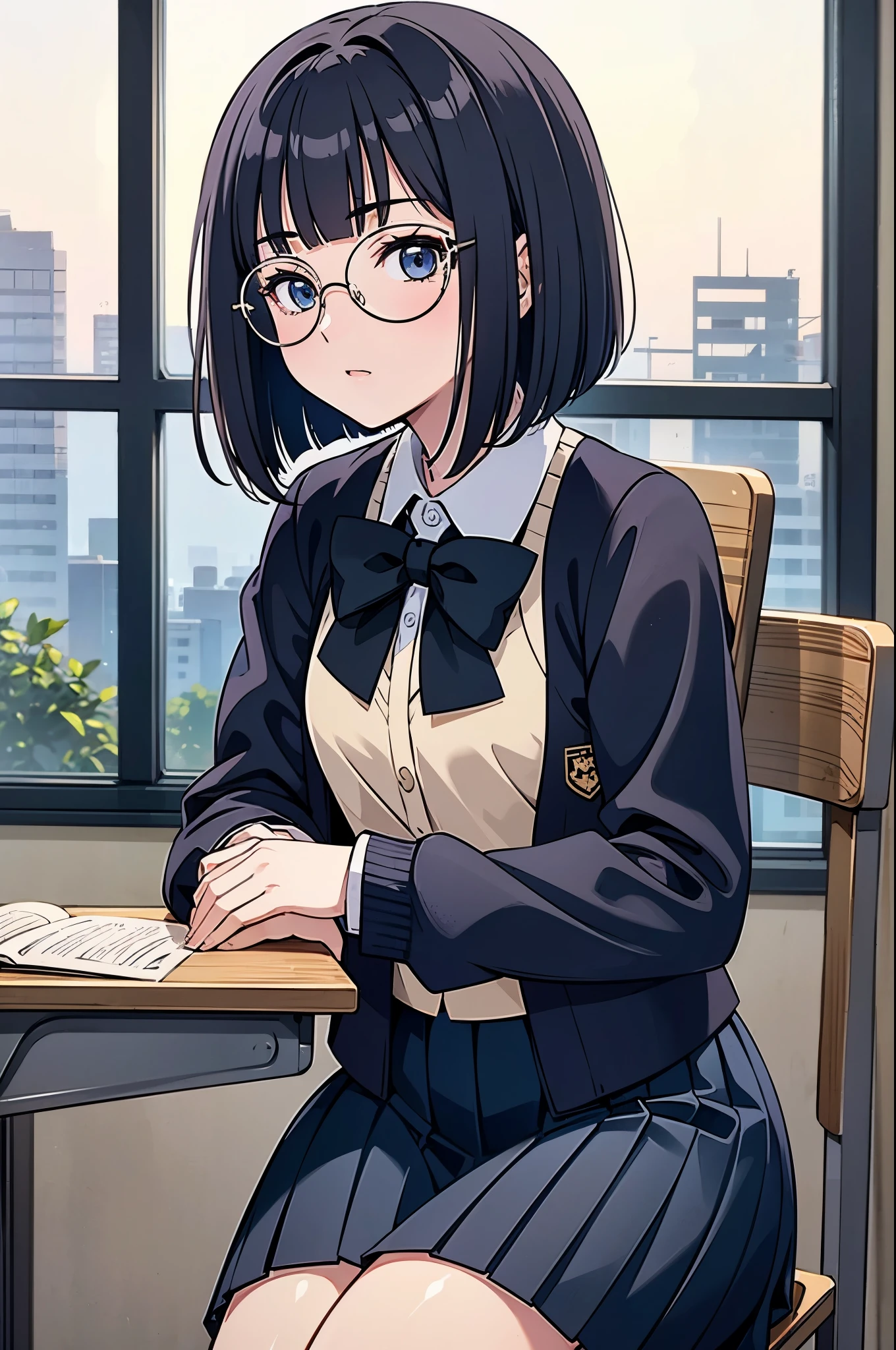 inside classroom, anime style, 8k, masterpiece, ultra high res, 1 girl, break from side, wearing school uniform, round glasses, glasses with most thick black frames, blunt bangs bob hair, moon face, sitting school chair, leading book,