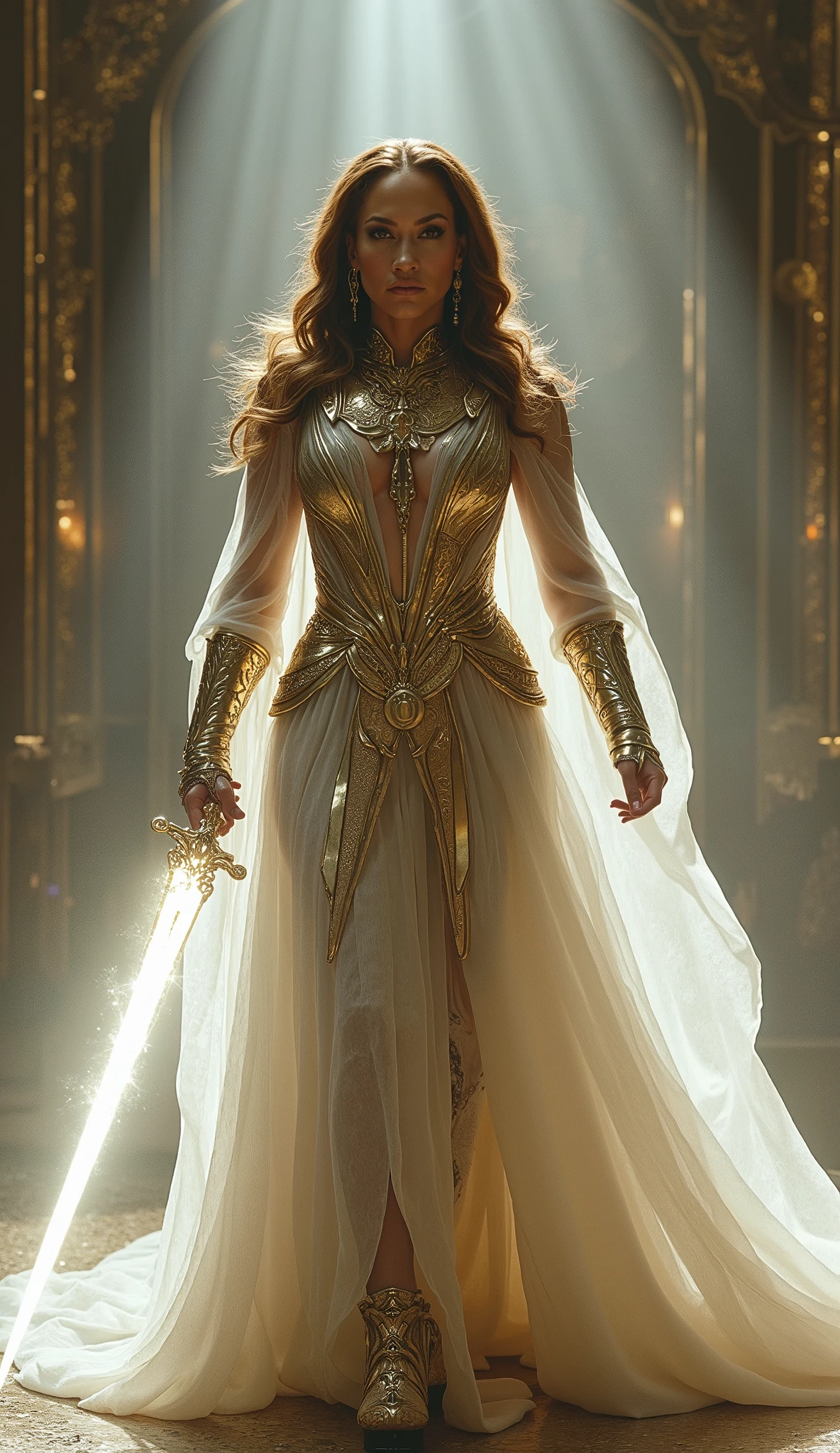 ### **Jennifer Lopez como ashrah – A Redenção da Guerreira Celestial** ✨🗡️  

**Jennifer Lopez assume o papel de ashrah**, bringing  uma presença **majestic, relentless and enigmatic** the demonic warrior in search of redemption in *Mortal Kombat*. in the middle of a **ancient shrine**, shrouded in mystical mists and illuminated by divine rays, **she appears with an imposing posture**, her white cape billowing gently as she grips her sacred blade tightly, **Kriss Celestial**.  

Dressing **a white and silver cloak**, with golden accents representing her quest for purification, **ashrah (Lopez) exudes grace and strength**, balancing her dark origins with her journey towards the light. ** His eyes shine with determination **, and your every step resonates with the weight of your sacred mission.  

no combat, **It moves fluidly and precisely**, mixing **agile fighting techniques with enchanted strikes**. **Her celestial blade cuts through the darkness**, dispelling the evil energy of your enemies with every strike. His attacks are **fast and deadly **, Combining **elegant pirouettes and precise thrusts** with your innate ability to channel purifying energy.  

At the height of the battle, **her Fatality is a divine spectacle**: **she raises her shining sword and, in a lightning movement, traces a cut in the air that summons a celestial light**. The enemy, taken by the purifying energy, **disintegrates into luminous particles, being obliterated by the force of the redemption**.  with a serene look , **ashrah guarda sua lâmina e caminha adiante, her journey for the light not yet finished**.  

**Jennifer Lopez como ashrah** It would be the **perfect representation of a powerful and enigmatic warrior**, bringing  **elegance, strength and emotional depth** to the role. ** with her , redemption is not just a destination — it is a battle.** ✨🗡️🔥