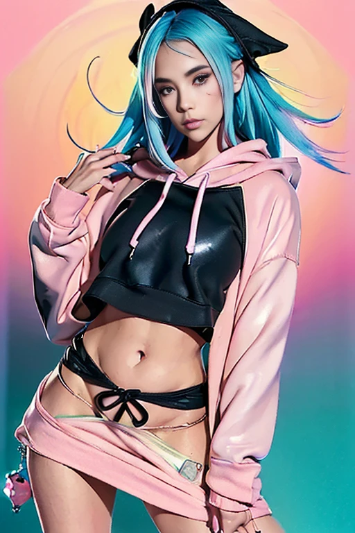 3 sweet innocent tween 18 year olds kneeling, bound, tied up, wearing neon crop top hoodies, beautiful girl, innocent and playful, real photography, modern look, silky dress or skirt with cutouts, skinny body, famous actress, beautiful face, bdsm, legs tied, shibari, colored hair