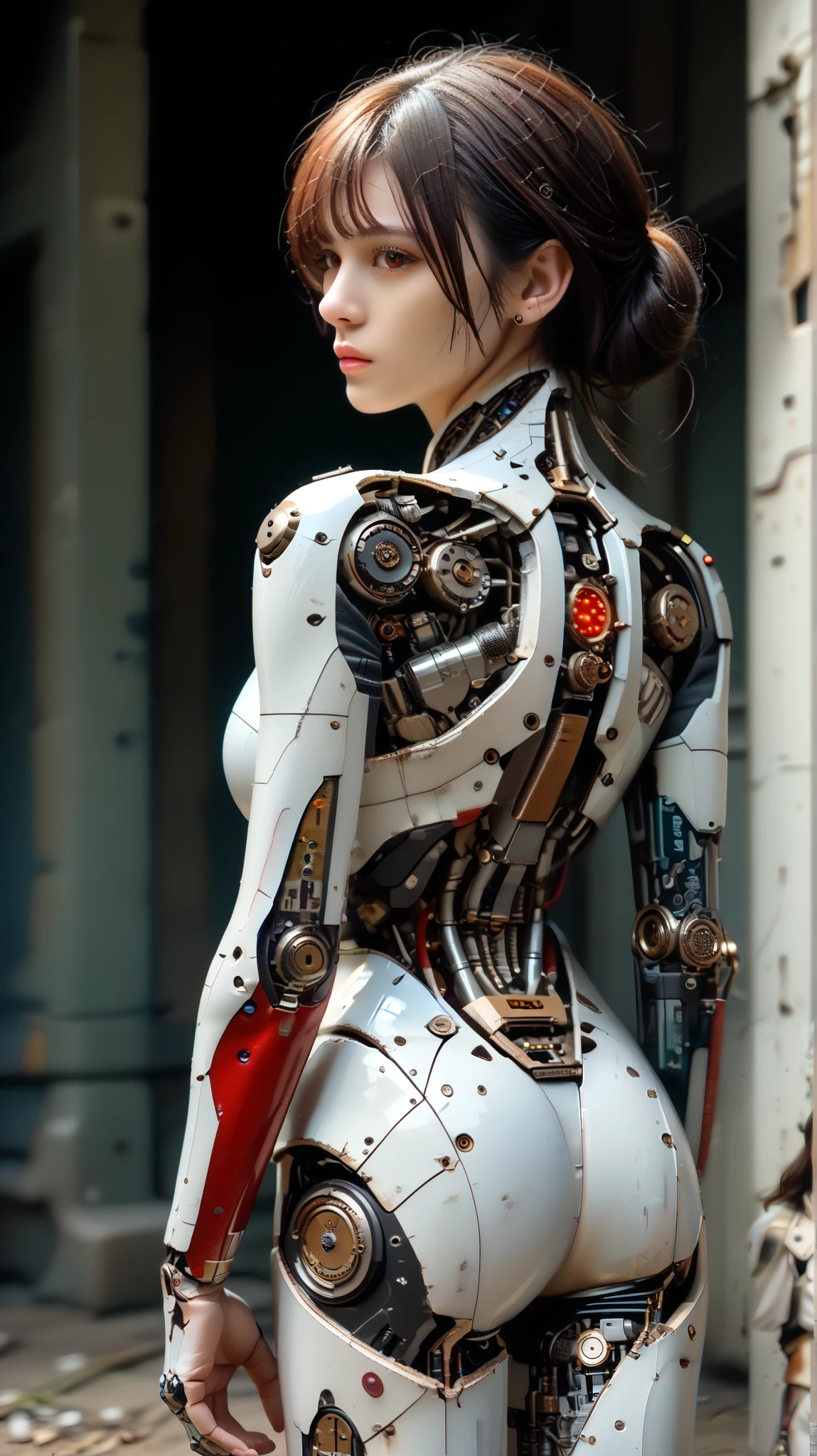 (((masterpiece))), (realism, realism texture, (science fiction, distant future), (top Quality, High Quality, top resolution, high resolution, (ultra detailed, high detailed))), (beautiful robot woman , woman is incredible machine:1.2), (beautiful face), (thin lips, wide mouth), red-lighting eyes, (robot white armor:1.3), machine frame, (steel knee-high greaves, (mechanical hands)), robot joint, (robot neck joint:1.2), (electronic component, (damaged machine parts), broken neck, broken leg:1.3), (robot torso), Expressionless face, (cowboy shot:1.5), abandoned battefield, (closed mouth), (from behind, dutch angle shot, looking at viewer, walking:1.3)