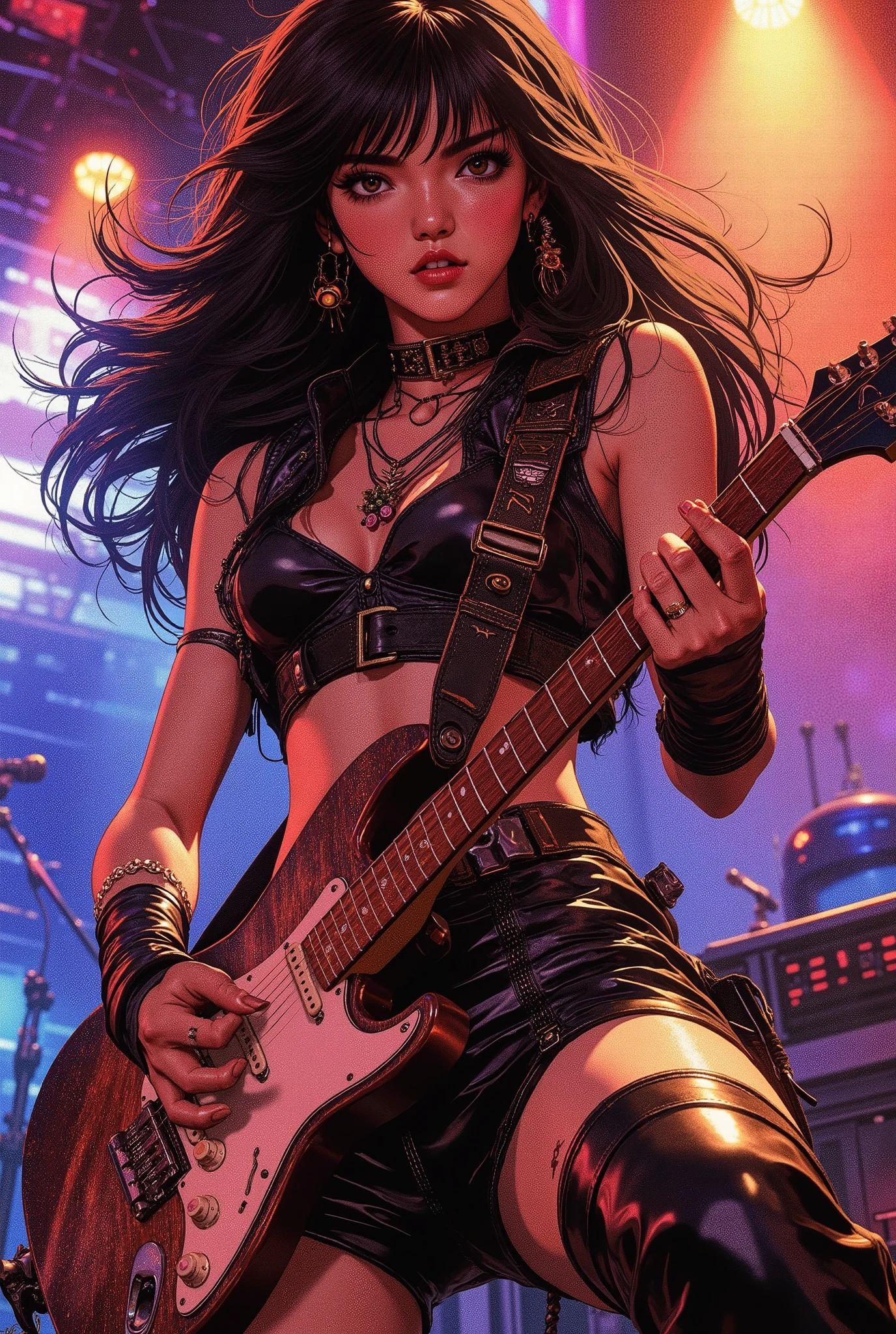  girl, , Asian, with long black hair and brown eyes, wearing daring clothes with an electric guitar, performs on stage