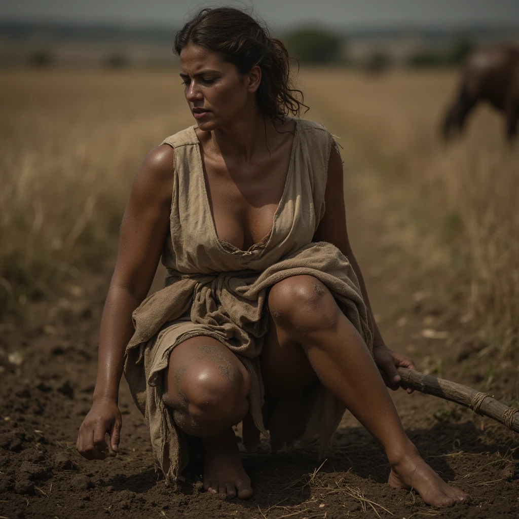 Ancient Roman villa 1st century BC.e. south of Italy, rural hinterland, summer heat, young women and girls from conquered barbarian tribes,slaves working in the field, sweat streaming down their tanned bodies, dirty, not washed for a long time, sweaty dressed in pathetic sackcloth rags barely covering their hips and ass, with huge cleavage revealing a woman's breasts, bare, sweaty, unwashed hair carelessly cut and tied in a ponytail or braided into a short braid, beautiful but exhausted by hard labor faces, stupefied from work, iron collars in the form of a riveted hoop around their necks, slave brands in the form of Latin letters "S" or "F" on their hips and shoulders, beaten and intimidated resigned to his fate.Hyperrealism, real photo, many details of costume, metal, fabric