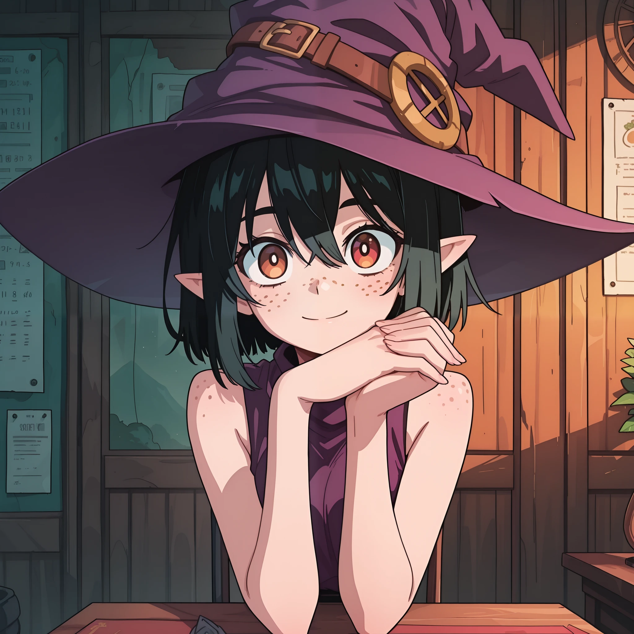 masterpiece, best quality, amazing quality, very aesthetic, high resolution, ultra-detailed, absurdres, newest, Anime screencap, highly detailed, high quality, hyper-Detailed, mistico_ILL. BREAK. 1girl, solo, freckles, hat, pointy ears, smile, looking at viewer, witch hat, black hair, sleeveless, upper body, own hands together, short hair, bare shoulders