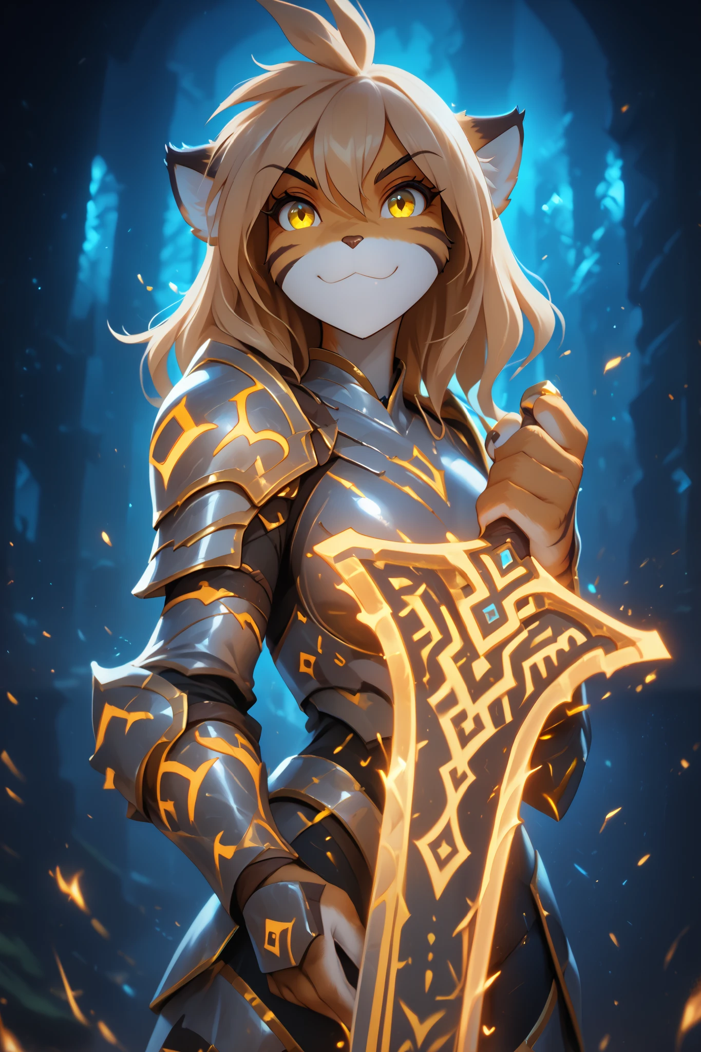 score_9, score_8_up, score_7_up, source_furry, furry, 1girl, source_furry, solo, tkflora, tiger, striped fur, keidran, yellow eyes, anthro, smile, looking at viewer (pov, a beautiful female furry with yellow eyes, wearing dark blue armor with orange glowing details, holding a runesword by the handle point the sword down, the sword is blue with orange glowing details, dark in background:1.2)