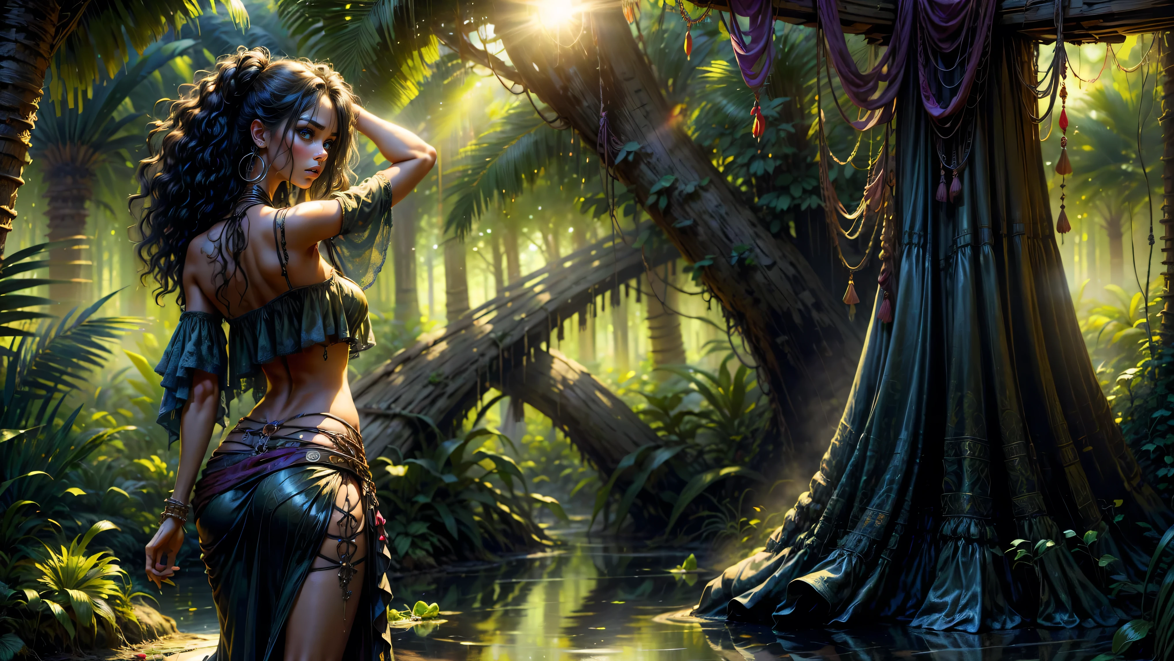 ((1girl, solo)), ((realistic)), Gypsy girl walking in the Louisiana swamp, , young girl, cute girl, fit, ((rear view looking back)), ((ass)), ((skinny)), petite)), ((wet)), ((straight hair with a slight wave)), ((dark hair)), ((loose top)), midriff, ((top loosely draped over her breasts)), ((can see her breasts through her top)), looking at viewer, sexy, skirt low on hips, cowboy shot, (full body portrait), beautiful lips, sexy mouth, ribbons, beads, bangles, upper body, dark-eyed, bangs, ribbon, bayou, sunlight just leaking through, walking in a swamp,