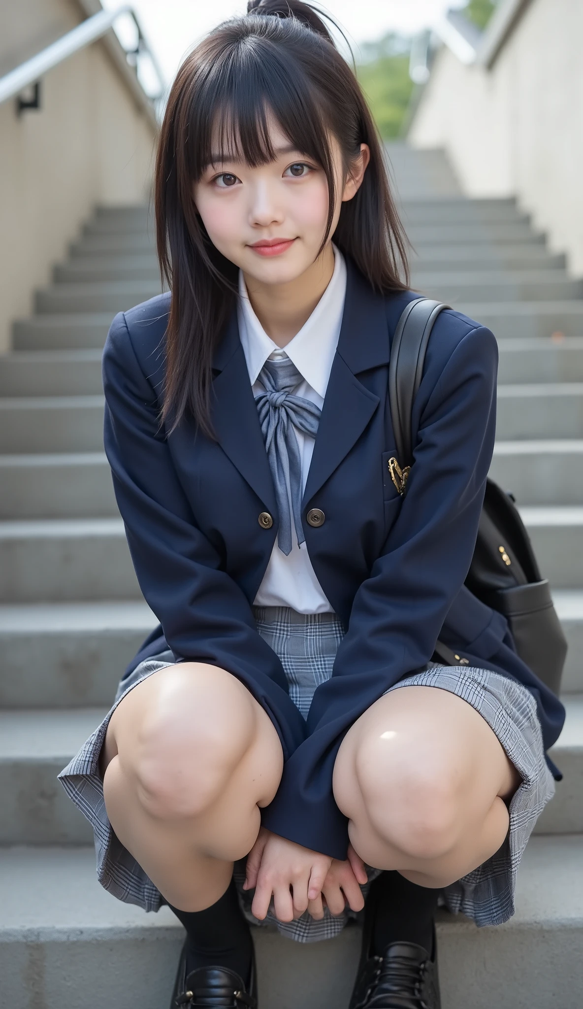 portrait photography,masterpiece, nsfw,8k,16k
( Japanese Girl, 157 Height cm,pale skin),((shot from below,low angle)), big breasts, (sensual glamorous lower body:1.3),
( 1 girl,Japanese standard petite immature fleshy body , head-body-ratio 1:6), Narrow shoulder width, Wide pelvis, big butt, thick short legs, (fat thick ankels, rich fat short calves,short thighs:1.3), sucking thumb,
black hair,Shiny straight short ponytail hair With bangs,
(baby face, Round face, Droopy eyes,hazel color eyes, natural makeup ),revealing white pantie between skirt and legs,
Wearing navy japanese school short tight uniform jacket suit with medium-length grey checked skirt,white collared shirt,gap between jacket and shirt,navy color short socks, loafers, backpack on shoulder,
squatting with random sensual posing in overpass stairway,Focusing on calves,
85mm, Official AR RAW photos ,(Realistic,Ultra Details), best quality,Chromatic aberration,
Anatomically correct, textured skin,top of head