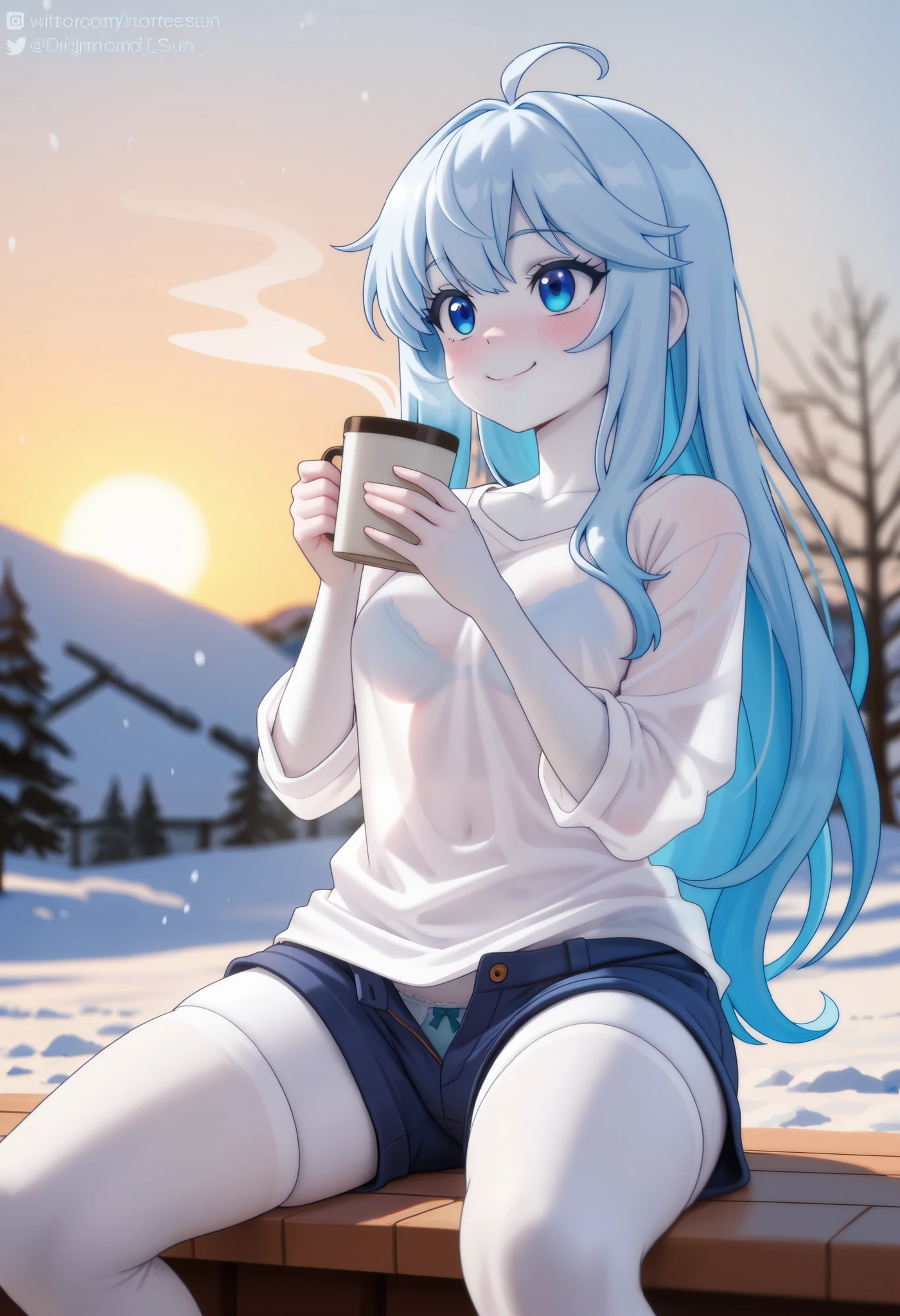 ( masterpiece, highest quality ), 1 girl , pechos pequeños, Loose shirt, transparent shirt, panties over the waist , tall white stockings, shorts, open pants, sitting on the terrace , Tomorrow, snow melting in the sun,sipping hot coffee ,Steam coming out of the coffee ,cold, bright and warm colors,sun rising, Smile,Backyard,lawn, blue eyes, white skin, blue eyes, blushed cheeks ,tip of the blushed nose