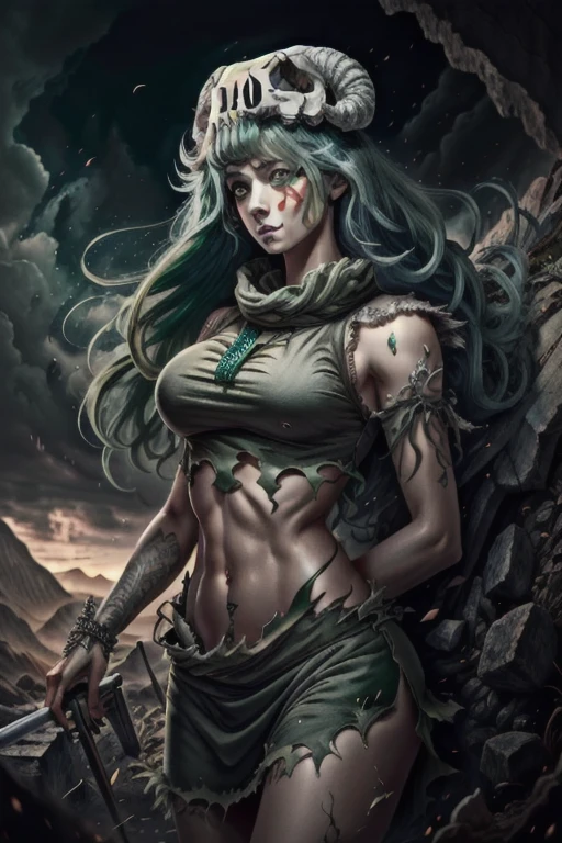(masterpiece, best quality),  intricate details,
green eyes, womans face, green hair, red face paint,