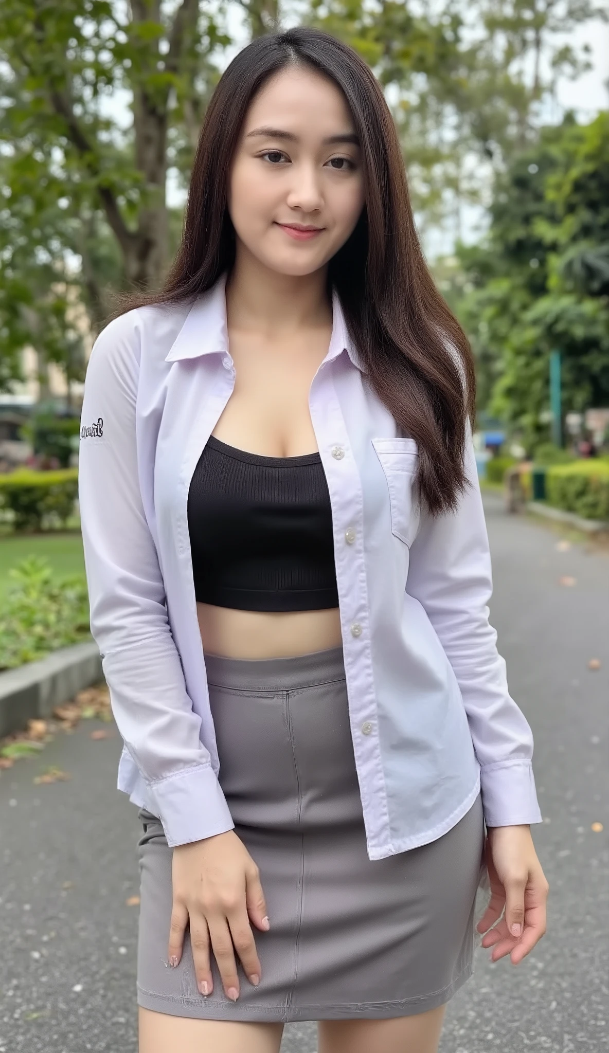 jakarta high school, hijab, indonesian cute girl posing sexy, bending the knee, photo shoot, realistic, the shirt 2 buttons is open, black victoria secret bra inside, big boobs, in front of school, tanned skin, crowded with students, white shirt, grey long skirt