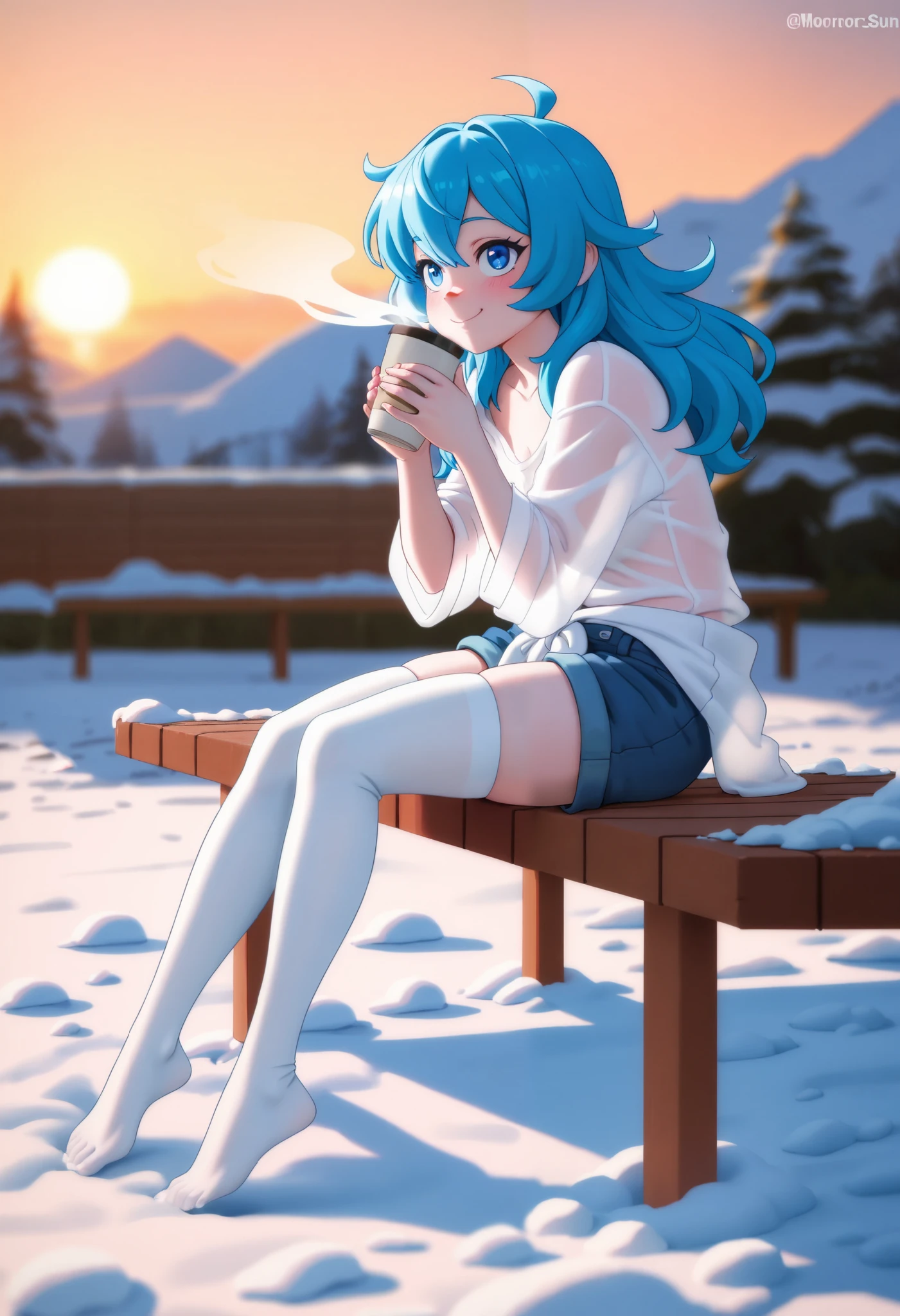 ( masterpiece,  highest quality ), 1 girl , pechos pequeños, Loose shirt, transparent shirt, panties over the waist , tall white stockings, shorts, open pants, sitting on the terrace ,  Tomorrow, snow melting in the sun,sipping hot coffee ,Steam coming out of the coffee ,cold, bright and warm colors,sun rising, Smile,Backyard,lawn, blue eyes, white skin, blue eyes, blushed cheeks ,tip of the blushed nose , legs hanging 