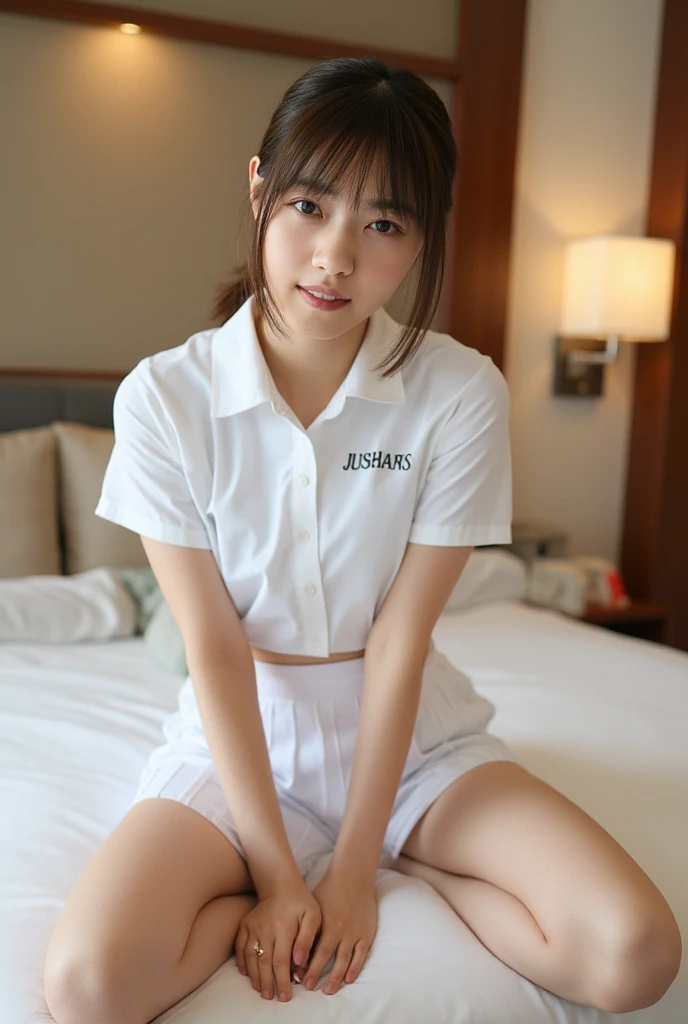 top-quality、Super Detail、body turned sideways、Looks Back、Tight shirt、navy buruma、a、You can see up to the feet、skinny thigh、perfect hand、perfect foot、Perfect body、Sexy Shots, Photorealsitic, 8K、The lateral chest is visible、no-bra、Ordinary chest、Beautiful body lines、being thin、short hair、Skin revealing,14 years old,((school uniform)),(((showing panties))),((navy buruma)),in hotel,lying down on the bed,school gym wear