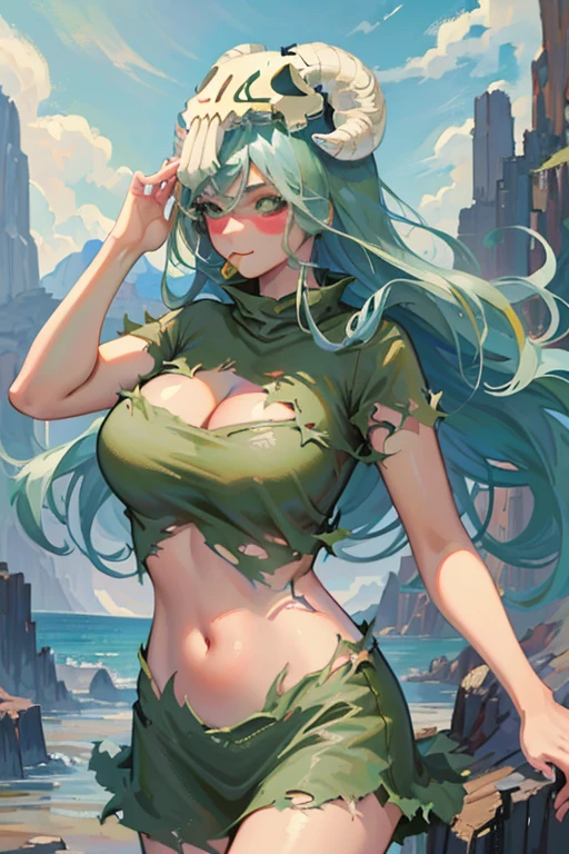 (masterpiece, best quality: 1.2), cowboy shot, solo, 1woman, odelschwanck, sensual expression, smiling, looking at the viewer, hand in own hair, green hair, skull, torn clothes, showing part of breasts, large breasts, torn skirt, big ass, barefoot
